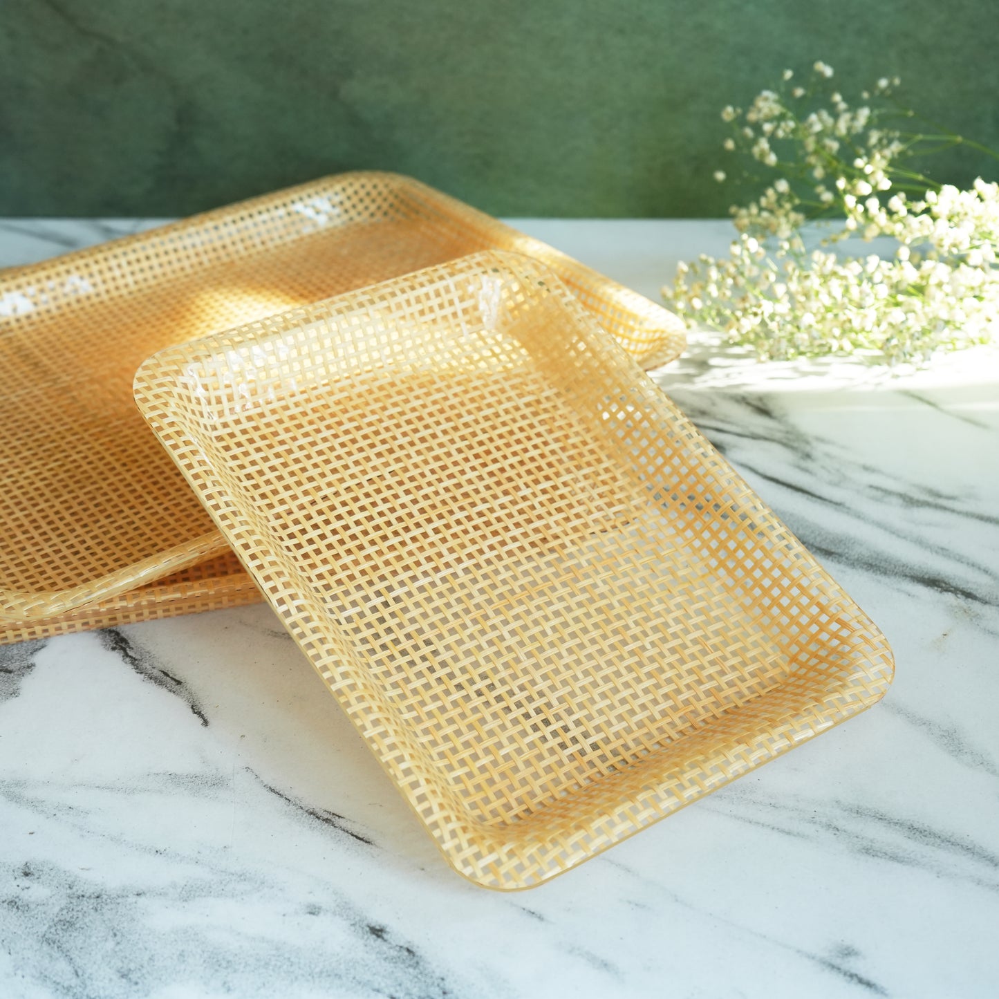 Box Weave Rattan Acrylic Serving Tray- Regular set