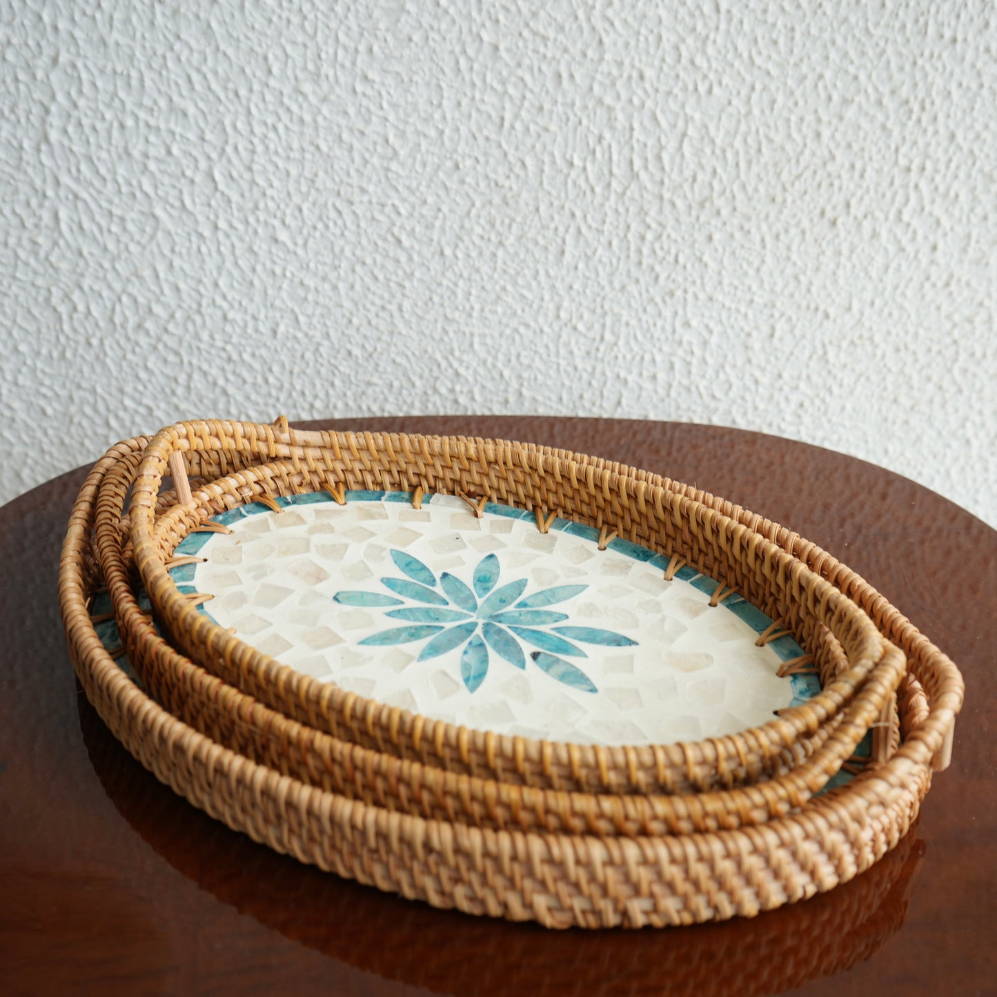 Small Oval Mother-of-Pearl & Cane Serving Tray- Aqua