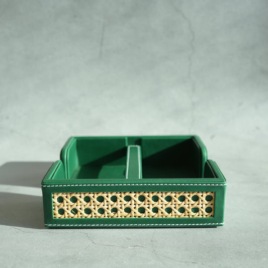 Emerald Green PU Leather & Rattan Tissue Holder with Weighted Bar