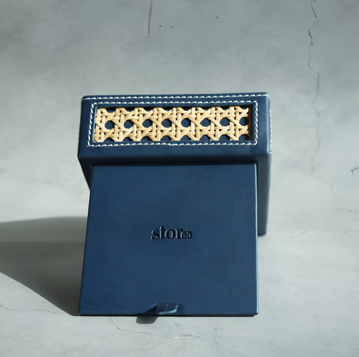 Steel Blue PU Leather & Rattan Tissue Box - Square