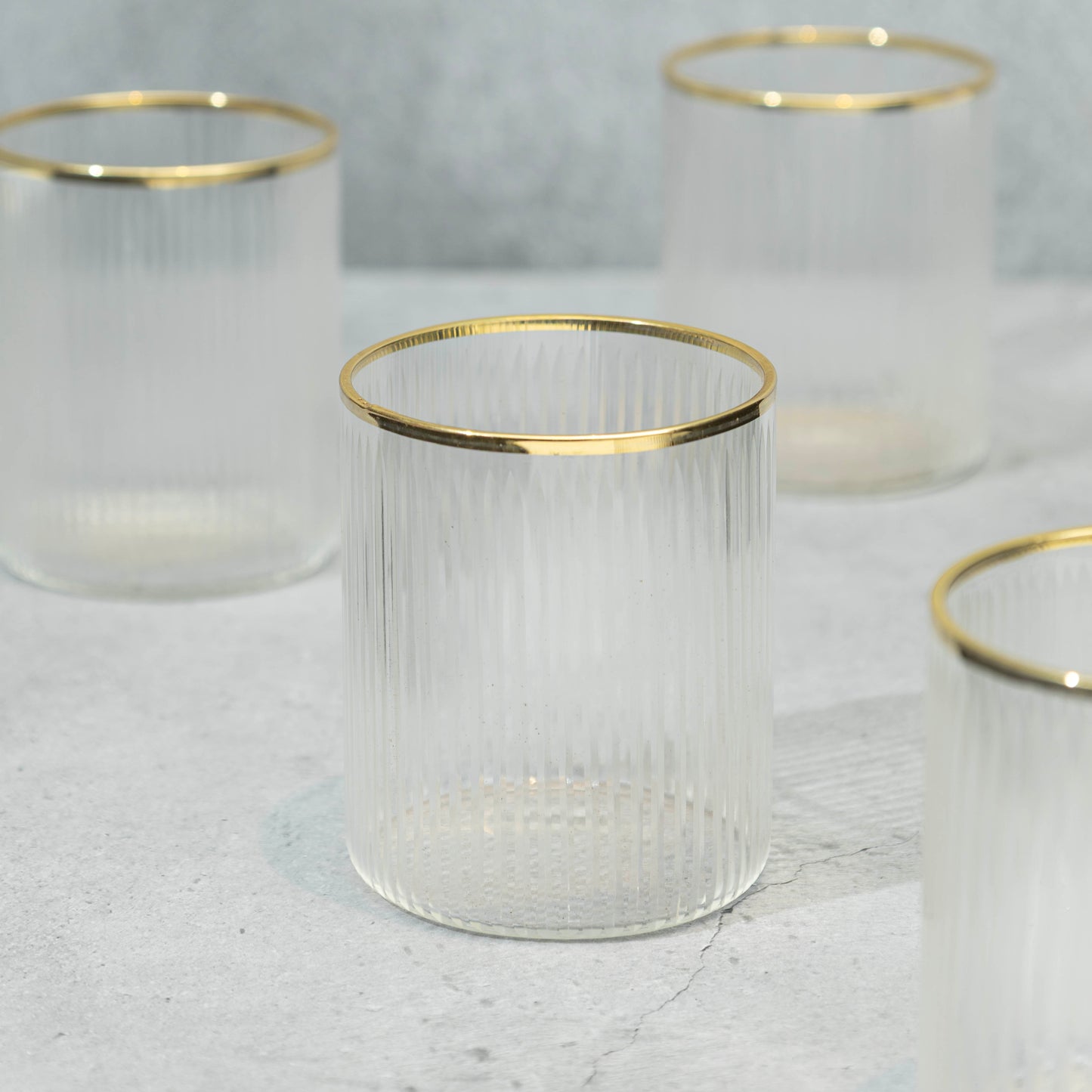 Short Clear Ribbed Cocktail Glass with Gold Rim- Set of 6