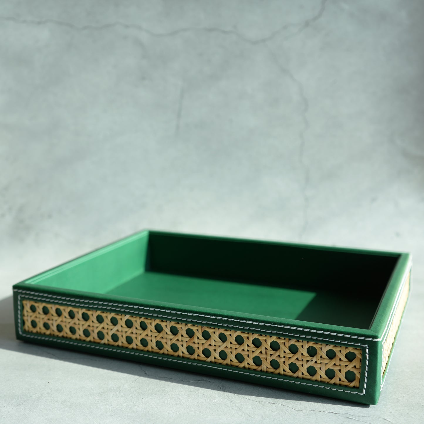 Emerald Green PU Leather & Rattan Serving Tray - Medium