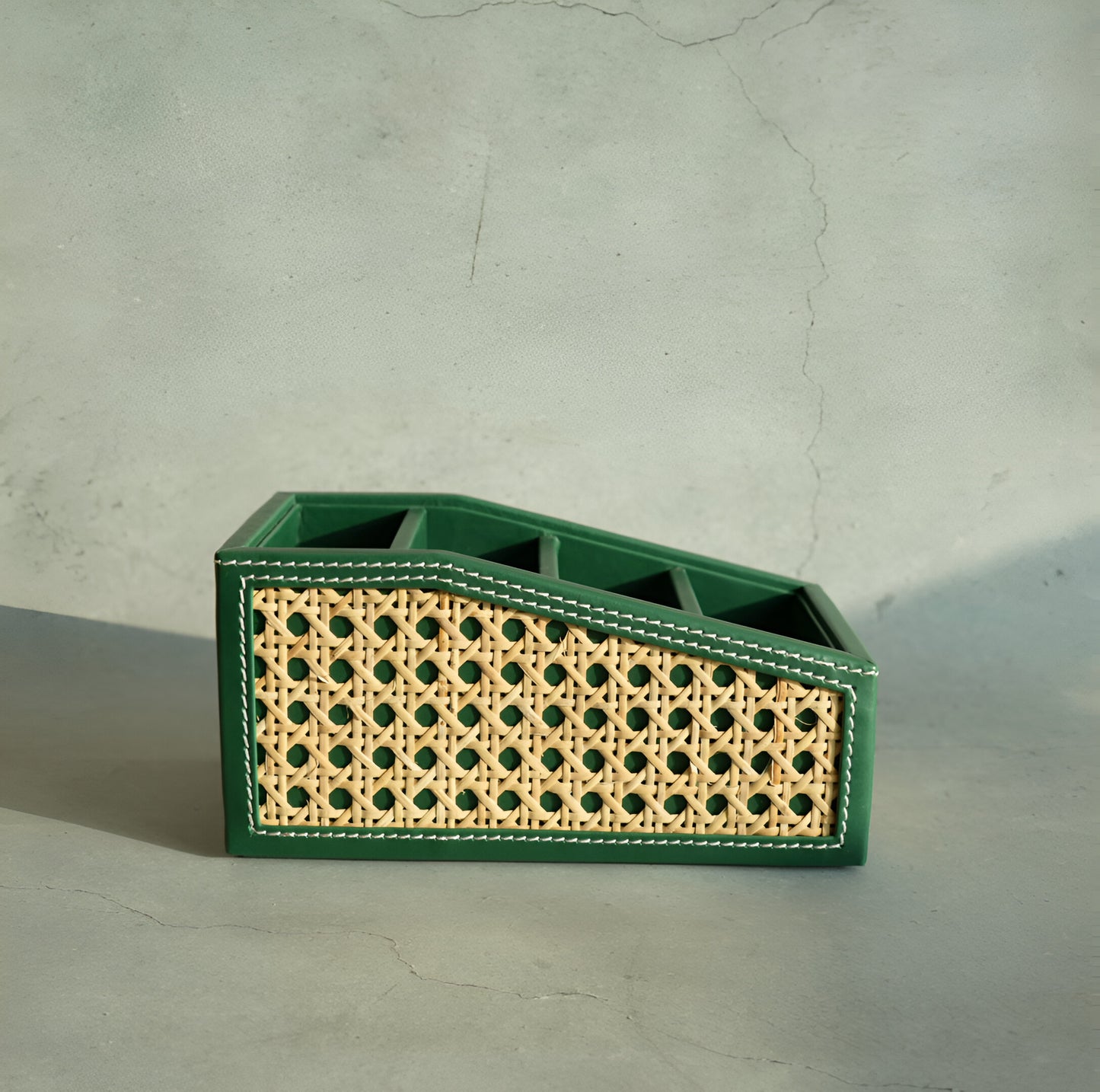 Emerald Green PU Leather & Rattan Remote Control Organiser