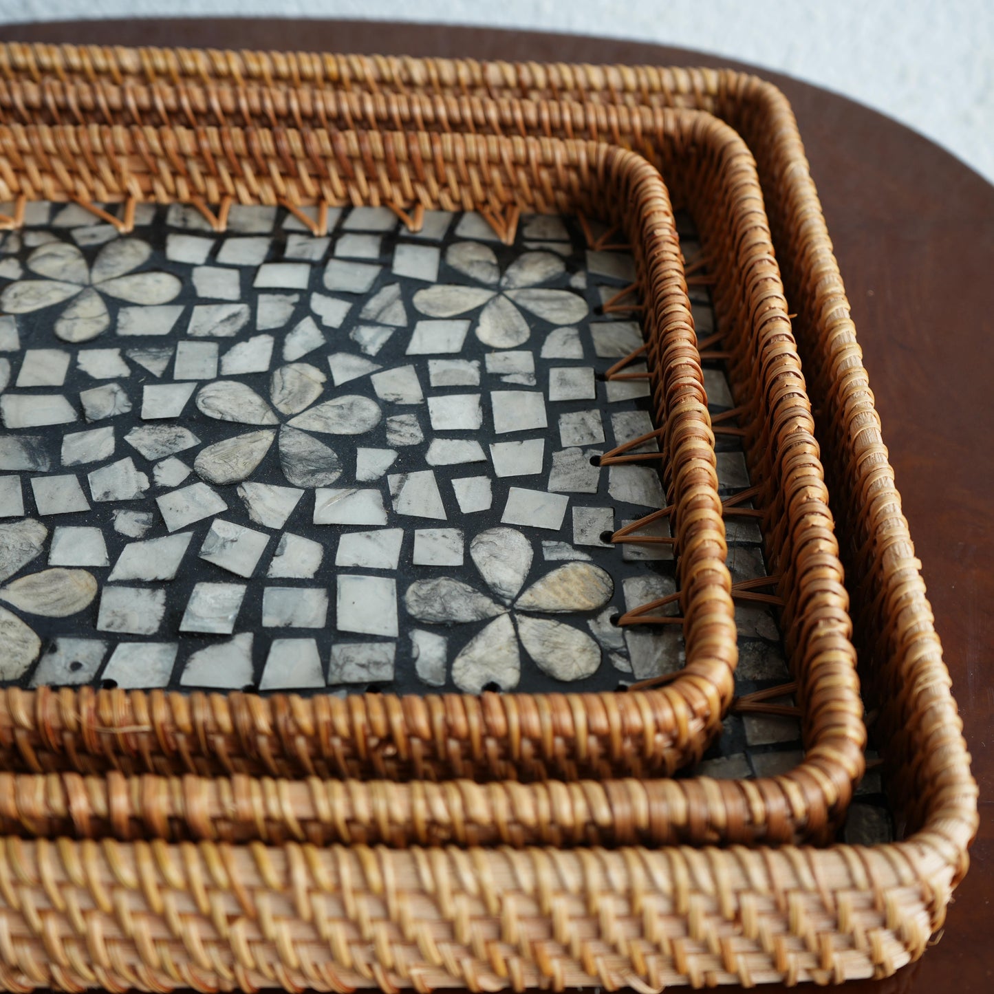 Medium Square Mother-of-Pearl & Cane Serving Tray - Noir