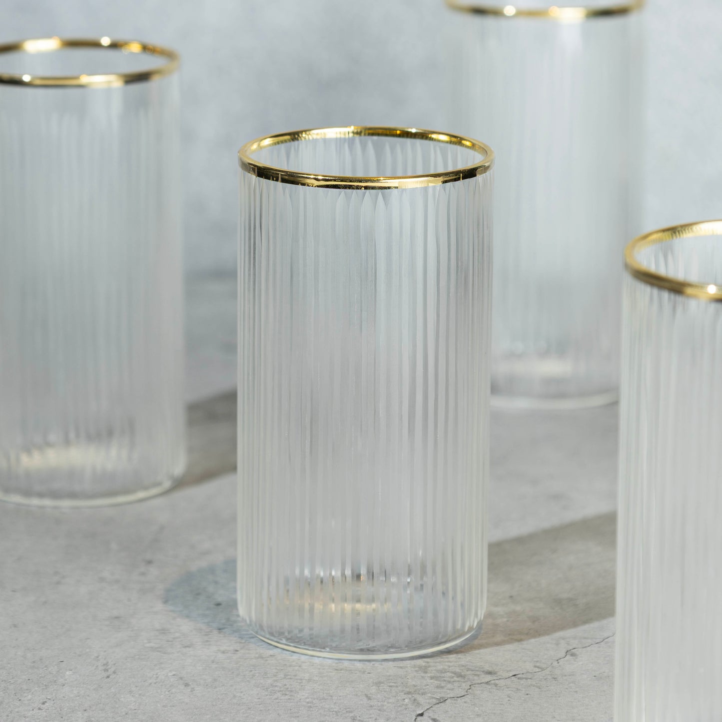 Tall Clear Ribbed Cocktail Glass with Gold Rim- Set of 6