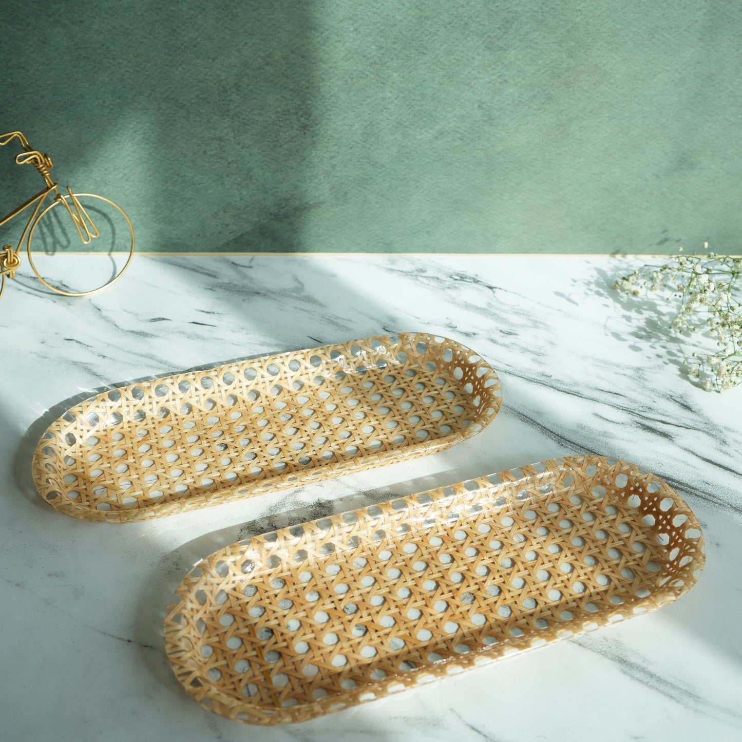 Rattan Ribbed Acrylic Oblong Serving Tray- Pack of 2