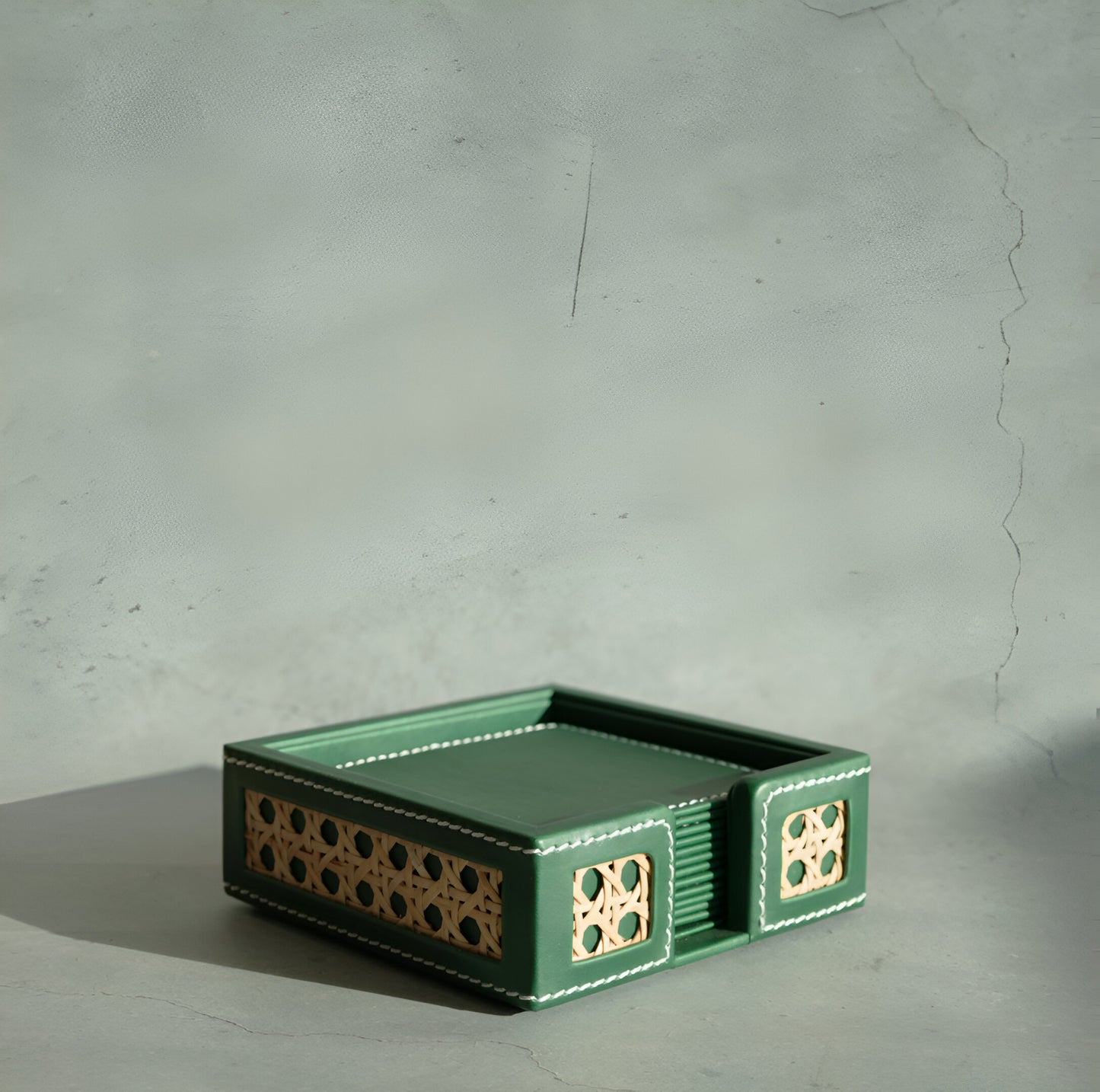 Emerald Green PU Leather & Rattan Coasters - Set of 6