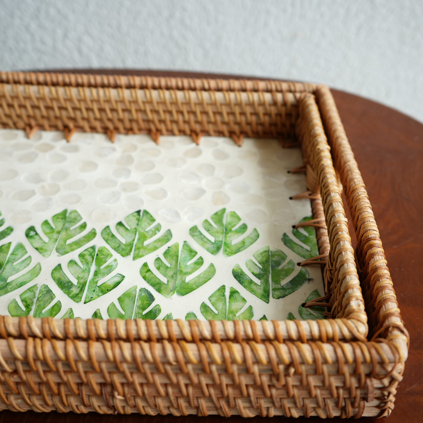 Large Rectangular Mother-of-Pearl & Cane Serving Tray - Botanic