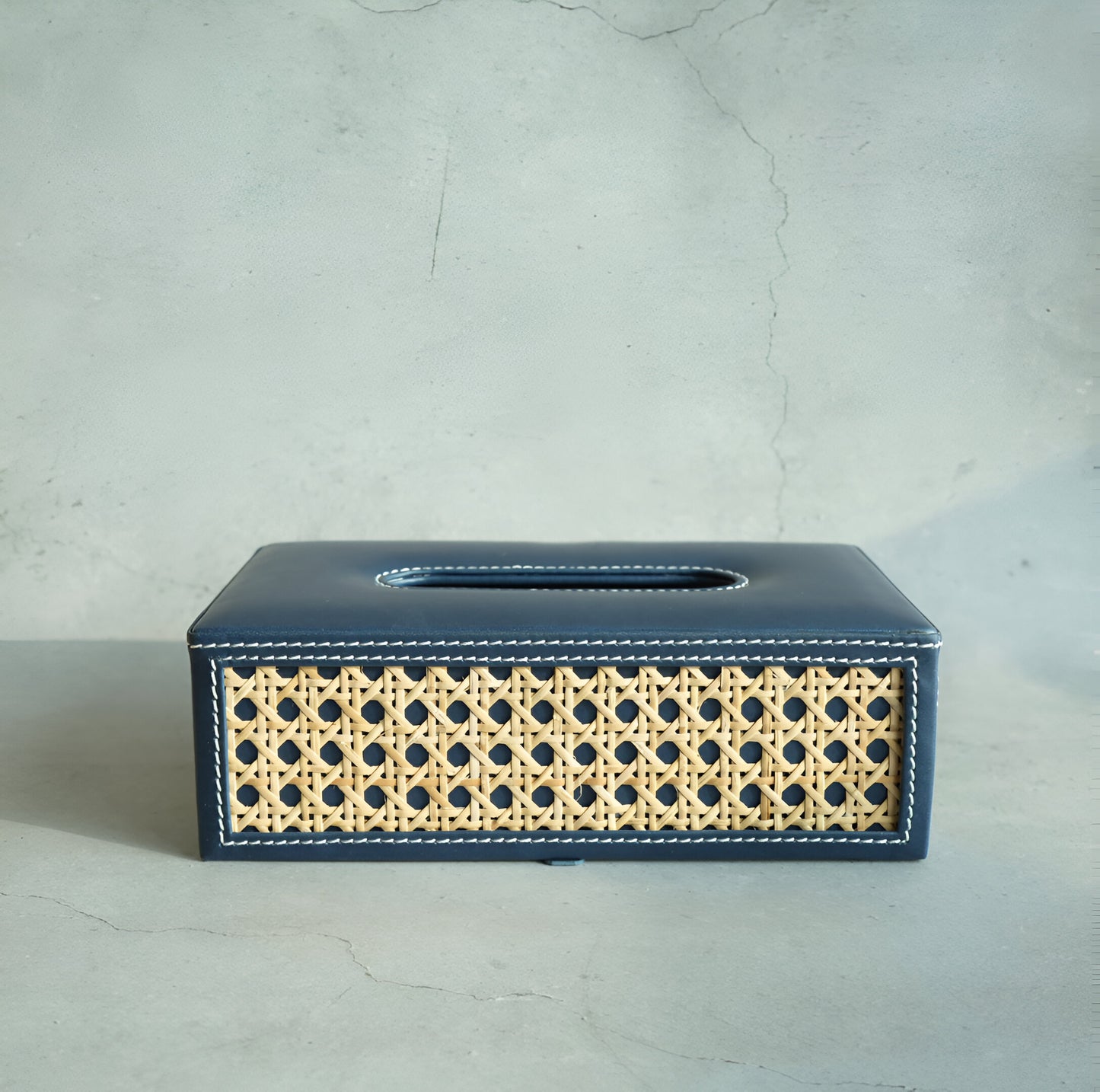 Steel Blue PU Leather & Rattan Tissue Box - Rectangle