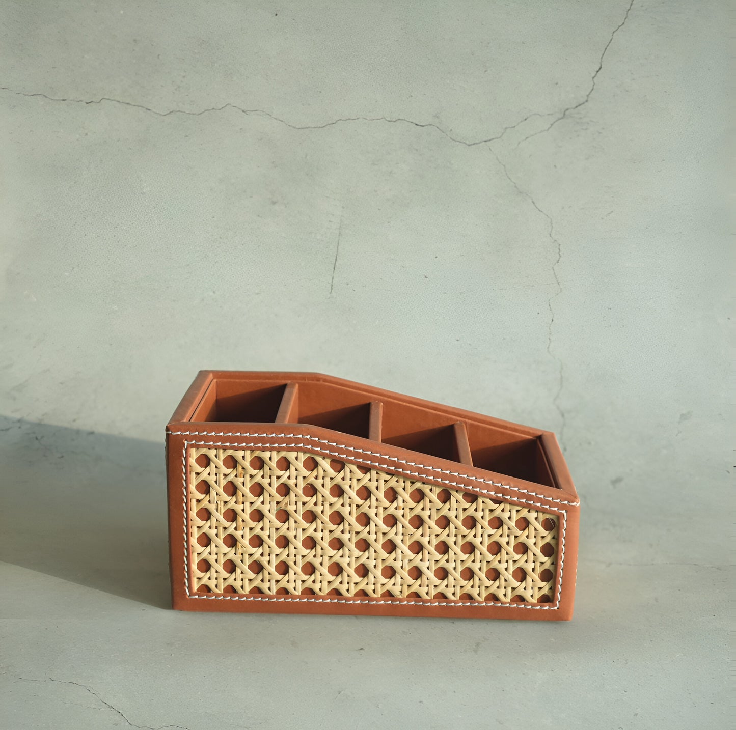Tan Brown PU Leather & Rattan Remote Control Organiser