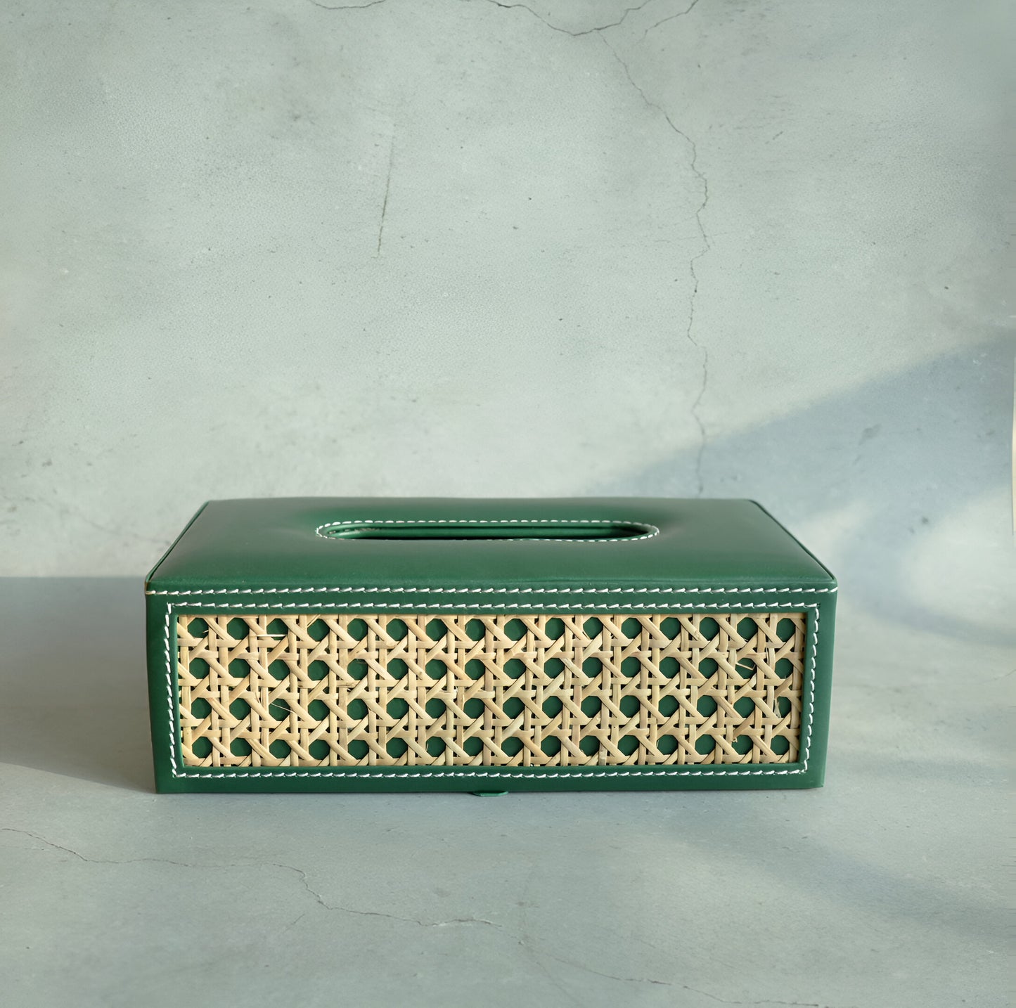Emerald Green PU Leather & Rattan Tissue Box - Rectangle