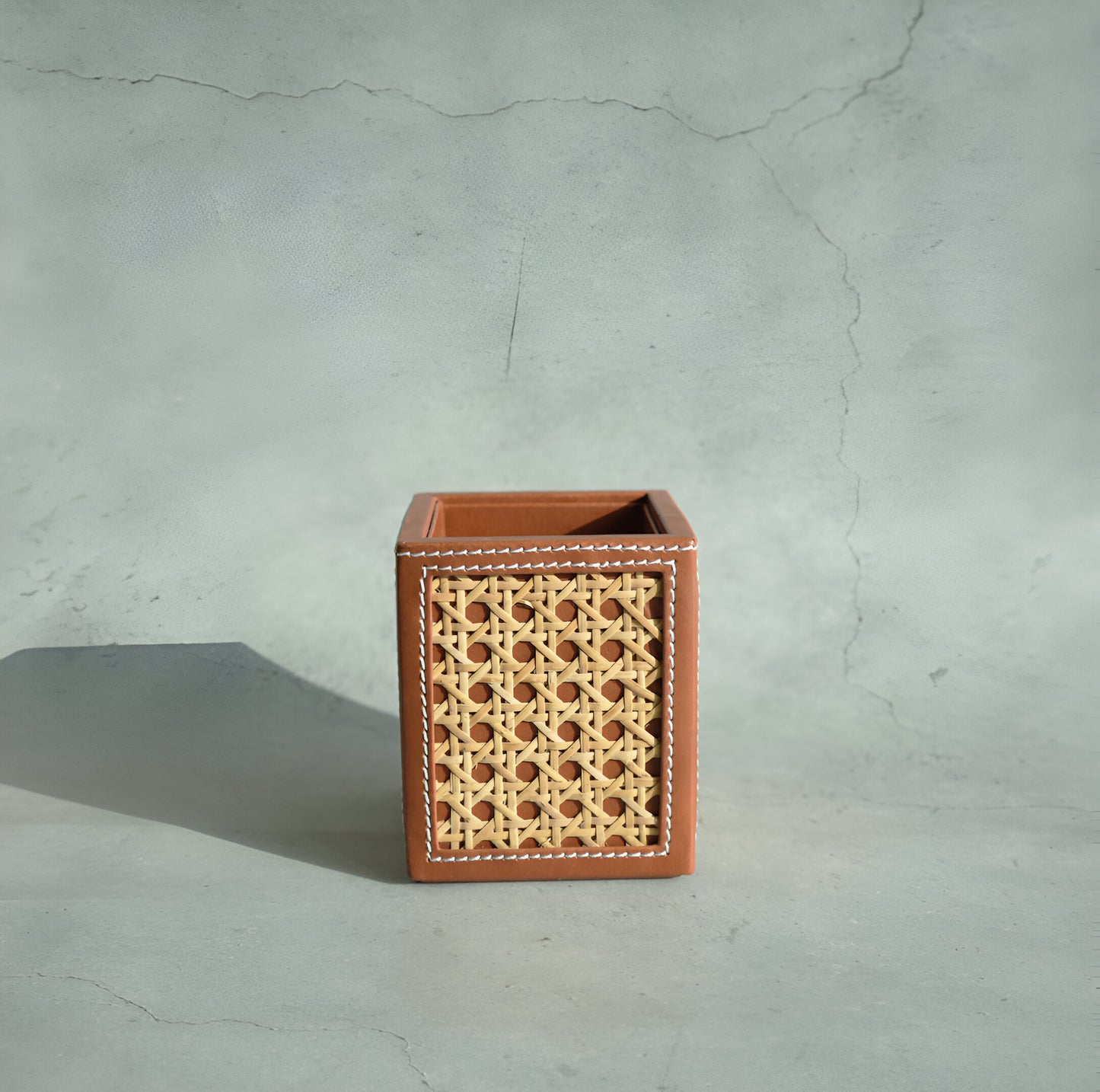 Tan Brown PU Leather & Rattan Stationery Holder