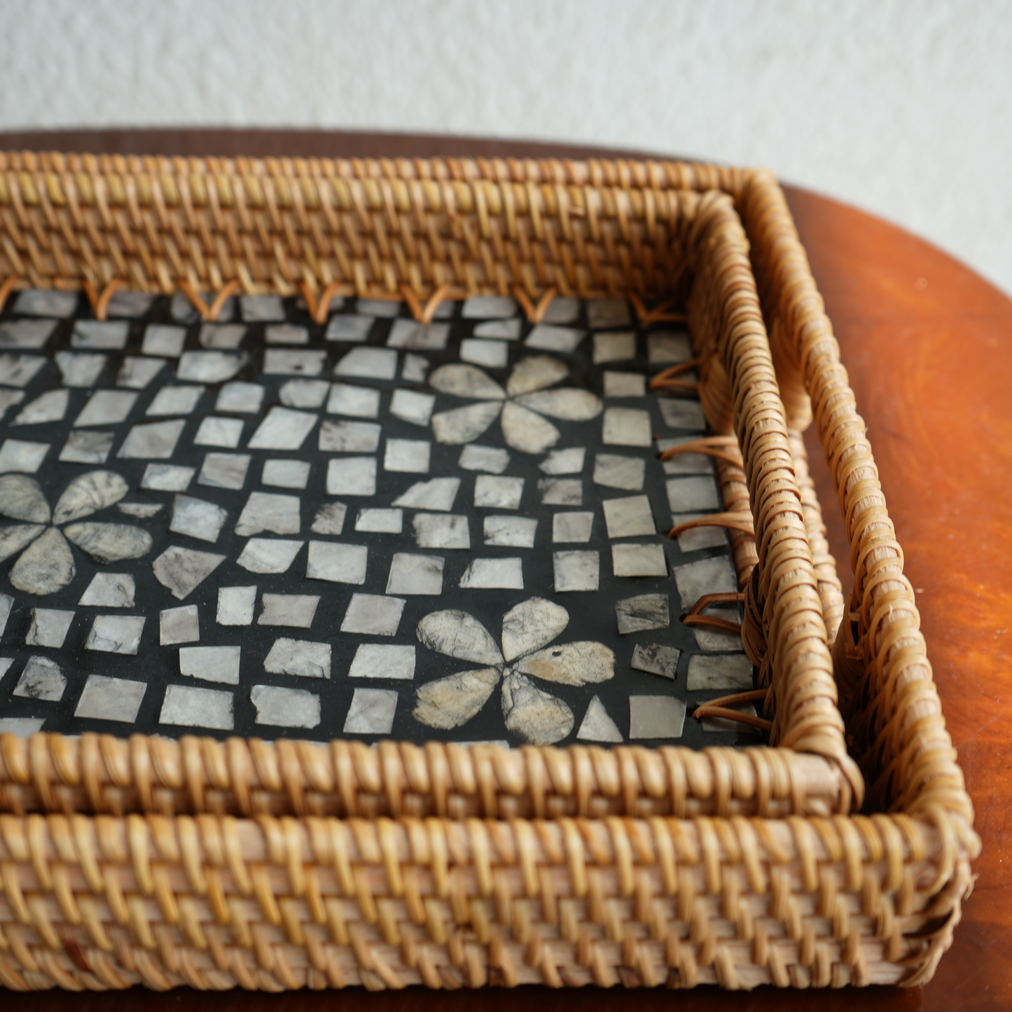 Large Rectangular Mother-of-Pearl & Cane Serving Tray - Noir