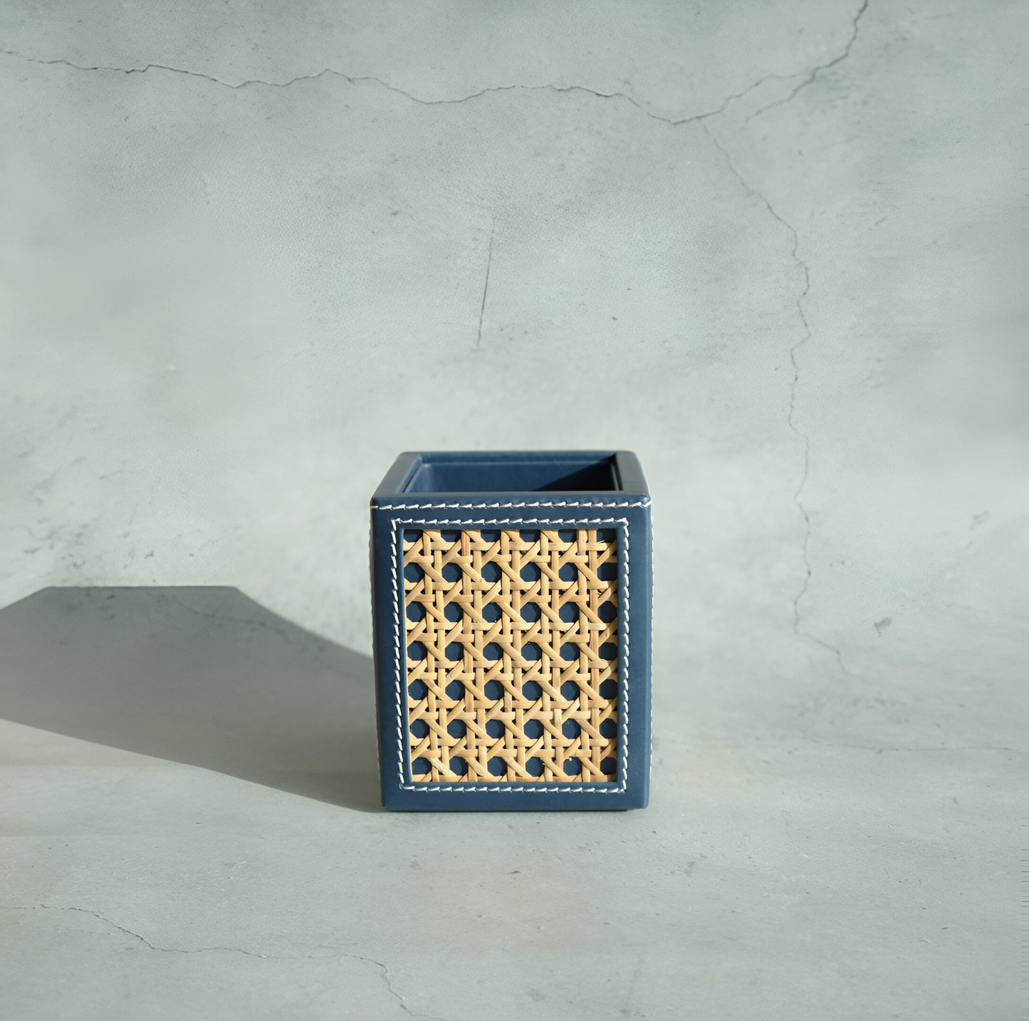 Steel Blue PU Leather & Rattan Stationery Holder