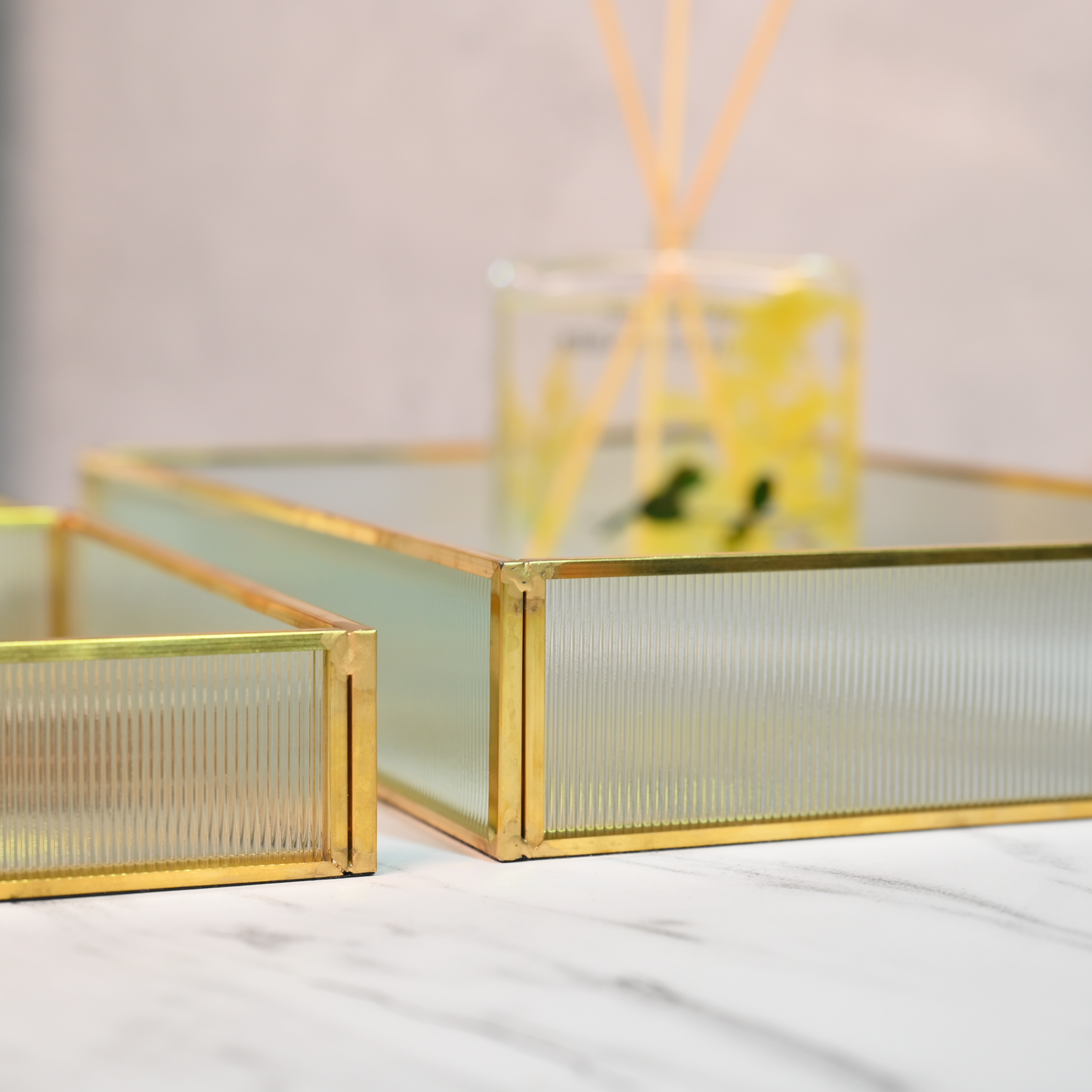 Ribbed Serving Tray with Gold Rim- Set of 3