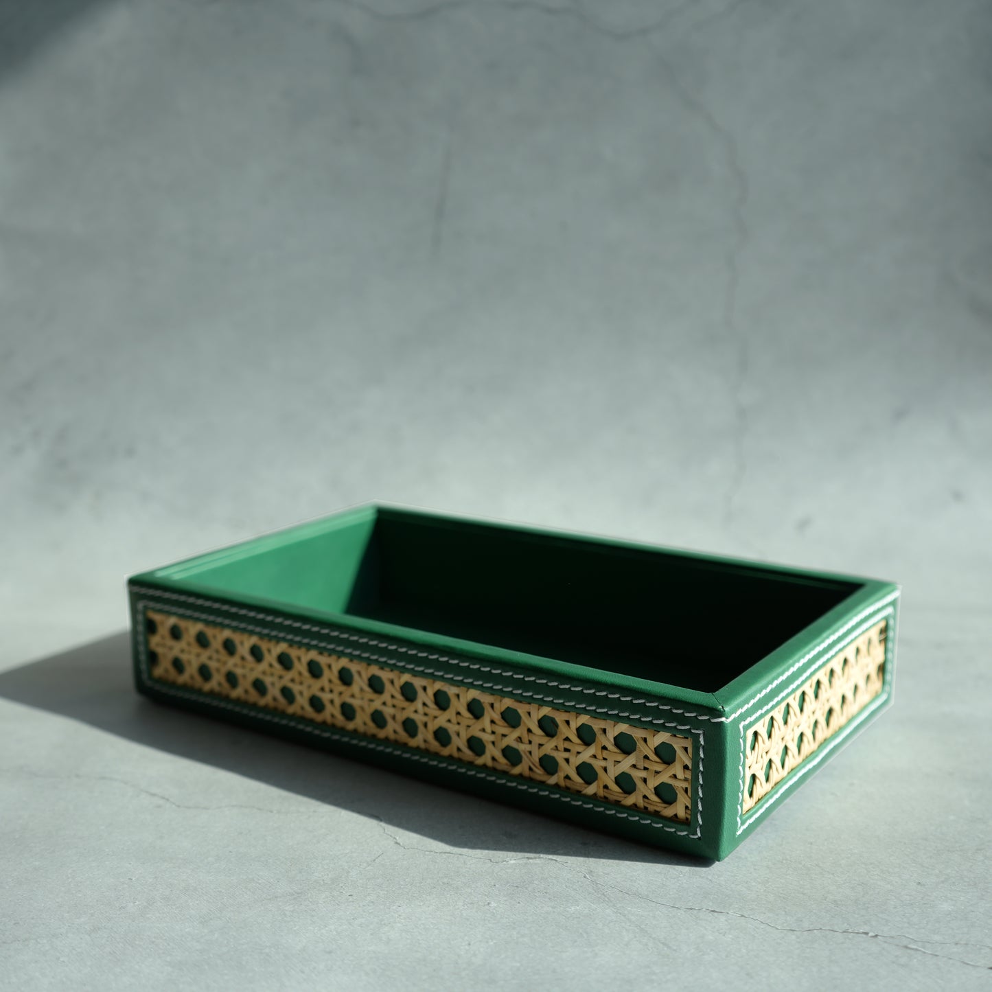 Emerald Green PU Leather & Rattan Serving Tray - Small