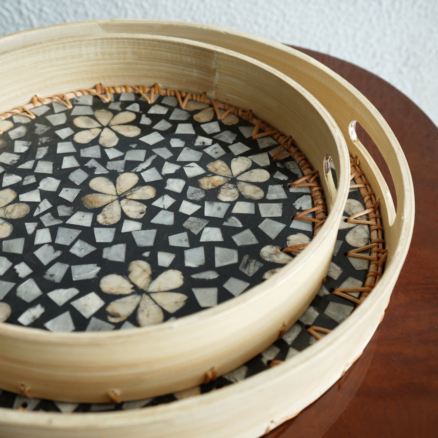 Large Round Mother-of-Pearl & Cane Serving Tray - Noir