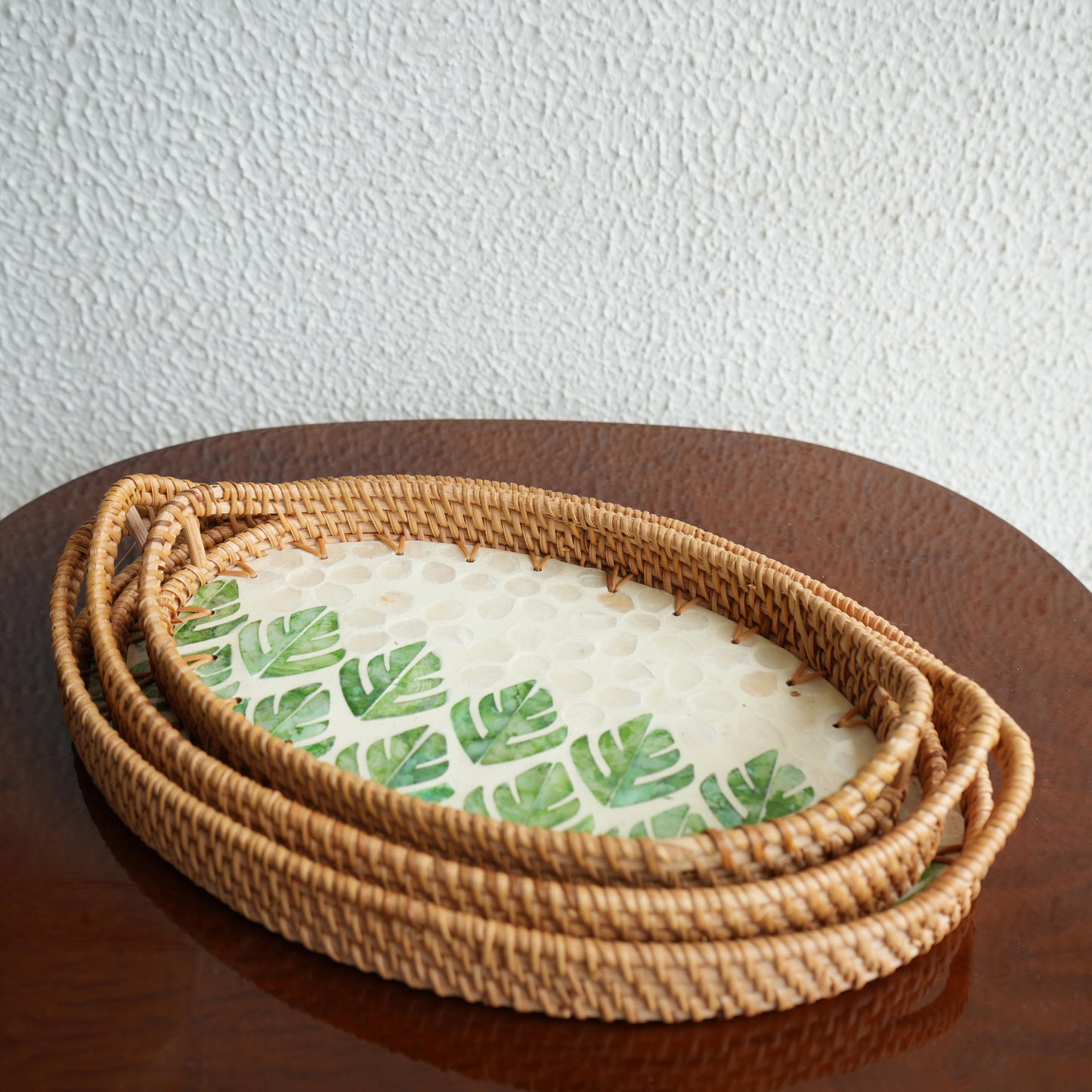 Large Oval Mother-of-Pearl & Cane Serving Tray - Botanic