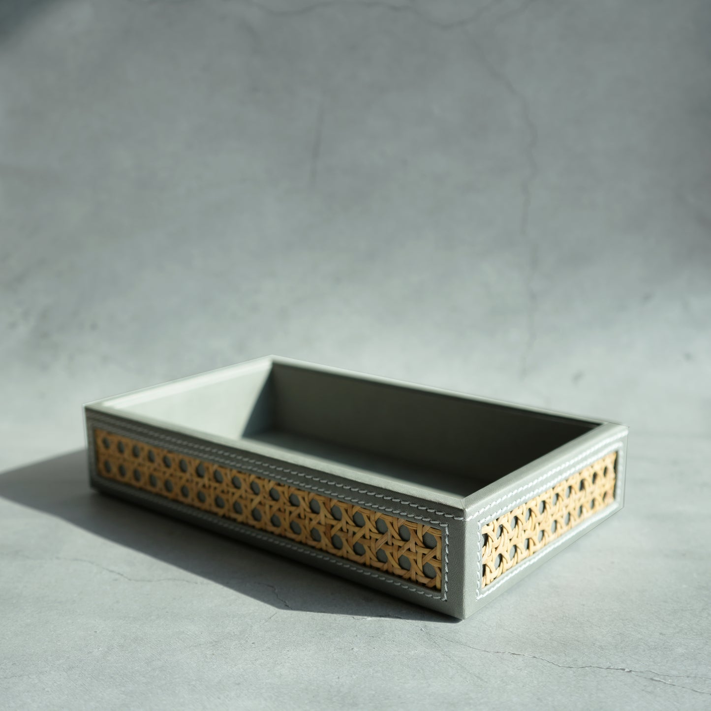 Stone Gray PU Leather & Rattan Serving Tray - Small