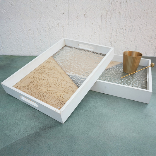 Textured Oak Wooden Serving Tray- Set of 2