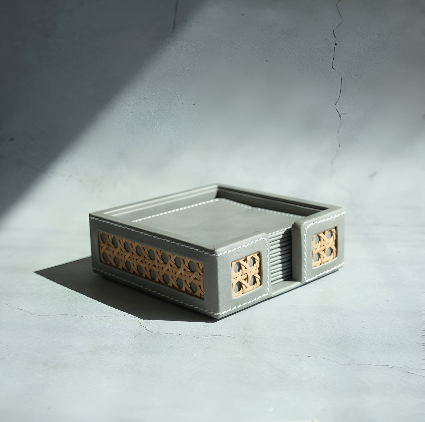 Stone Gray PU Leather & Rattan Coasters - Set of 6