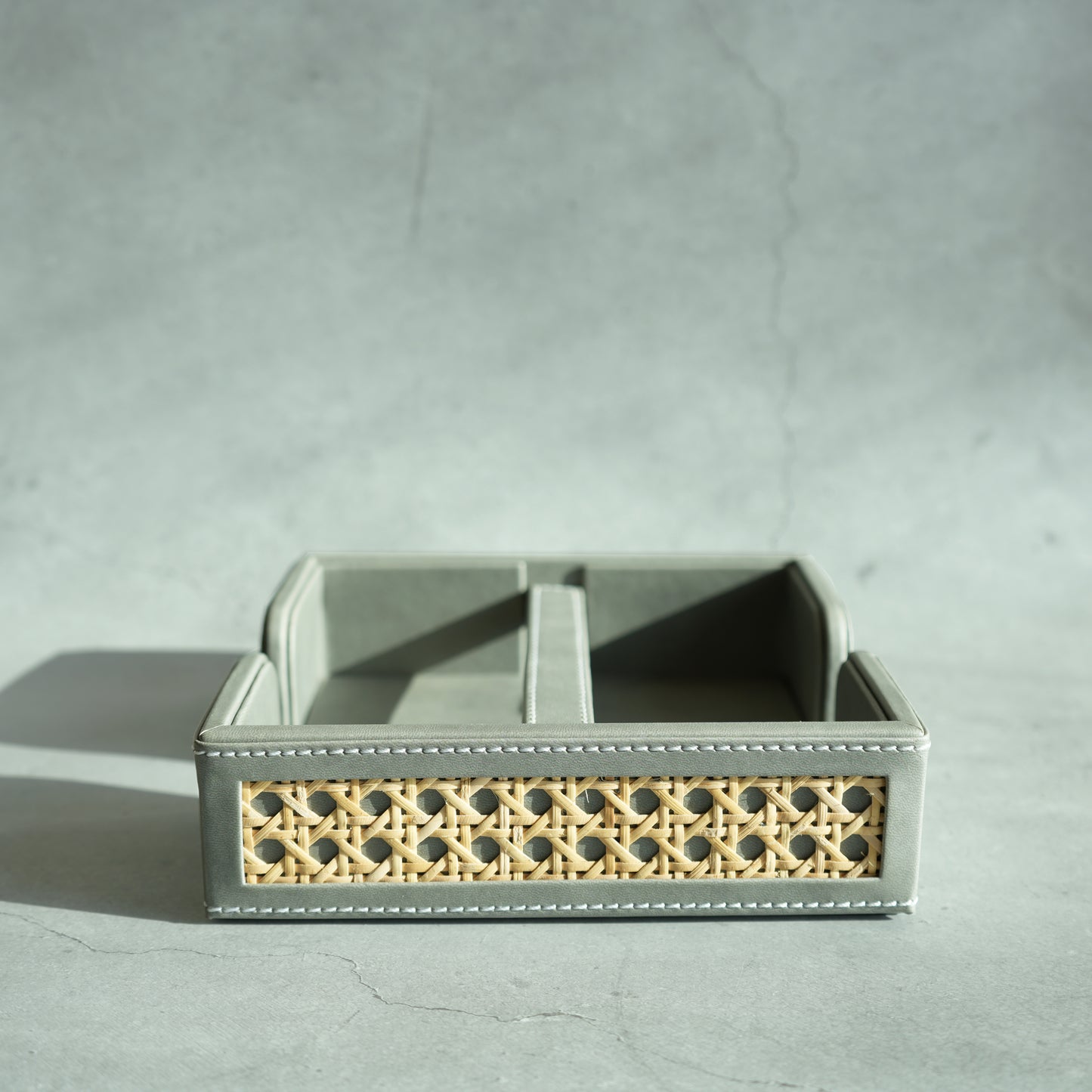 Stone Gray PU Leather & Rattan Tissue Holder with Weighted Bar