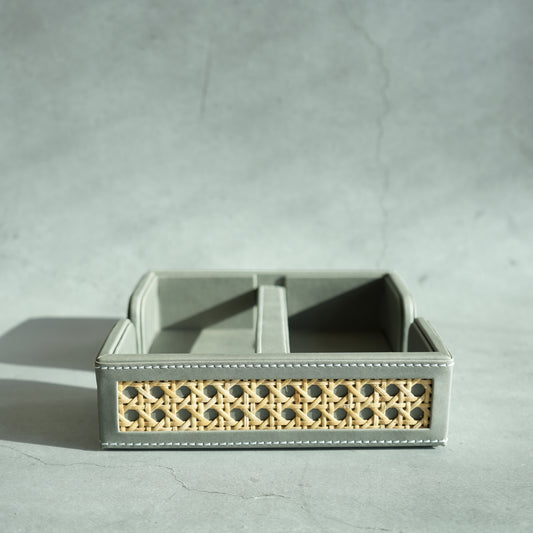 Stone Gray PU Leather & Rattan Tissue Holder with Weighted Bar
