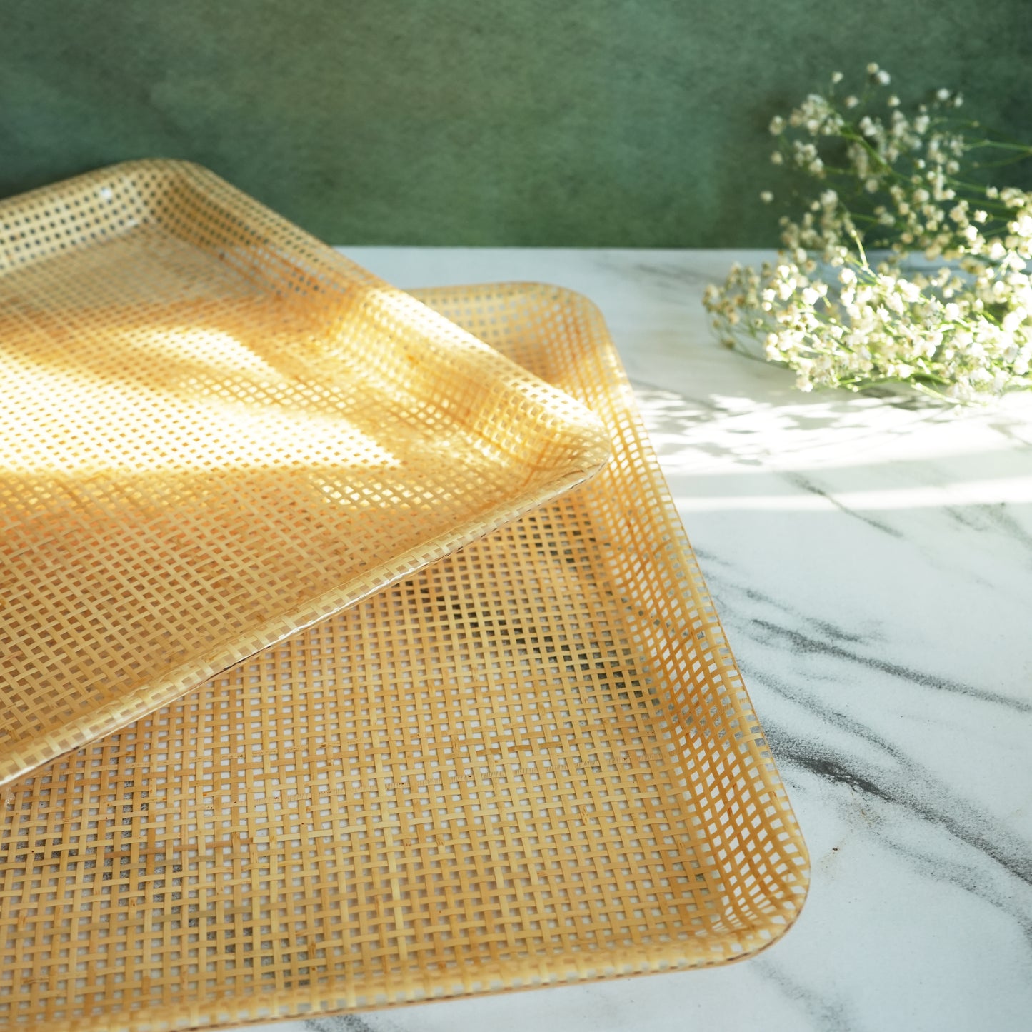 Box Weave Rattan Acrylic Serving Tray- Jumbo set