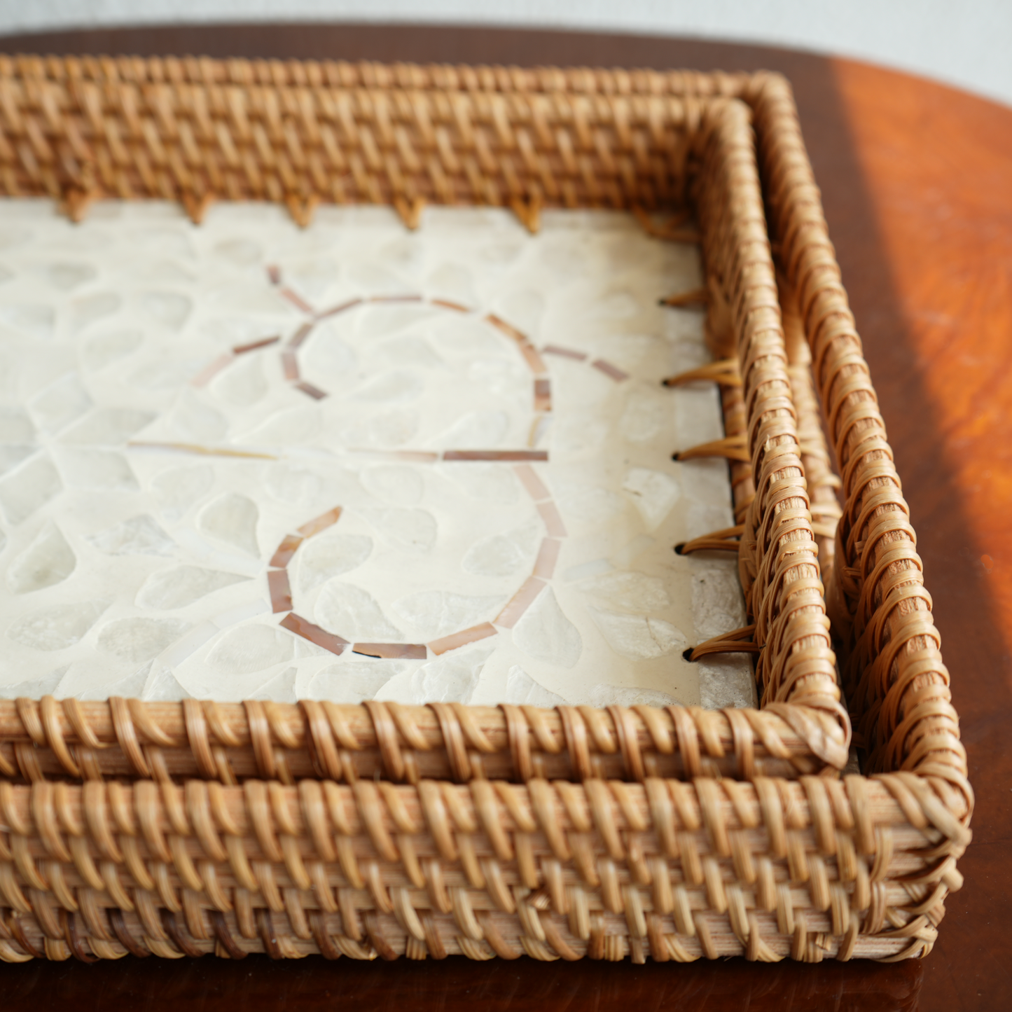 Regular Rectangular Mother-of-Pearl & Cane Serving Tray - Pearl White