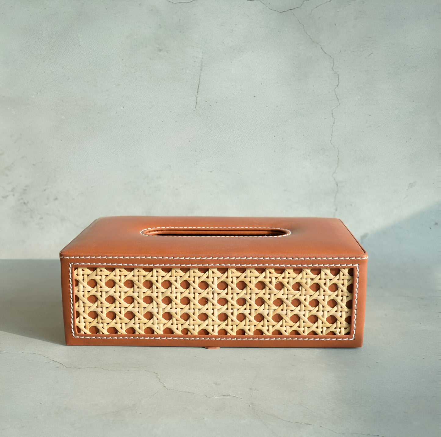 Tan Brown PU Leather & Rattan Tissue Box - Rectangle