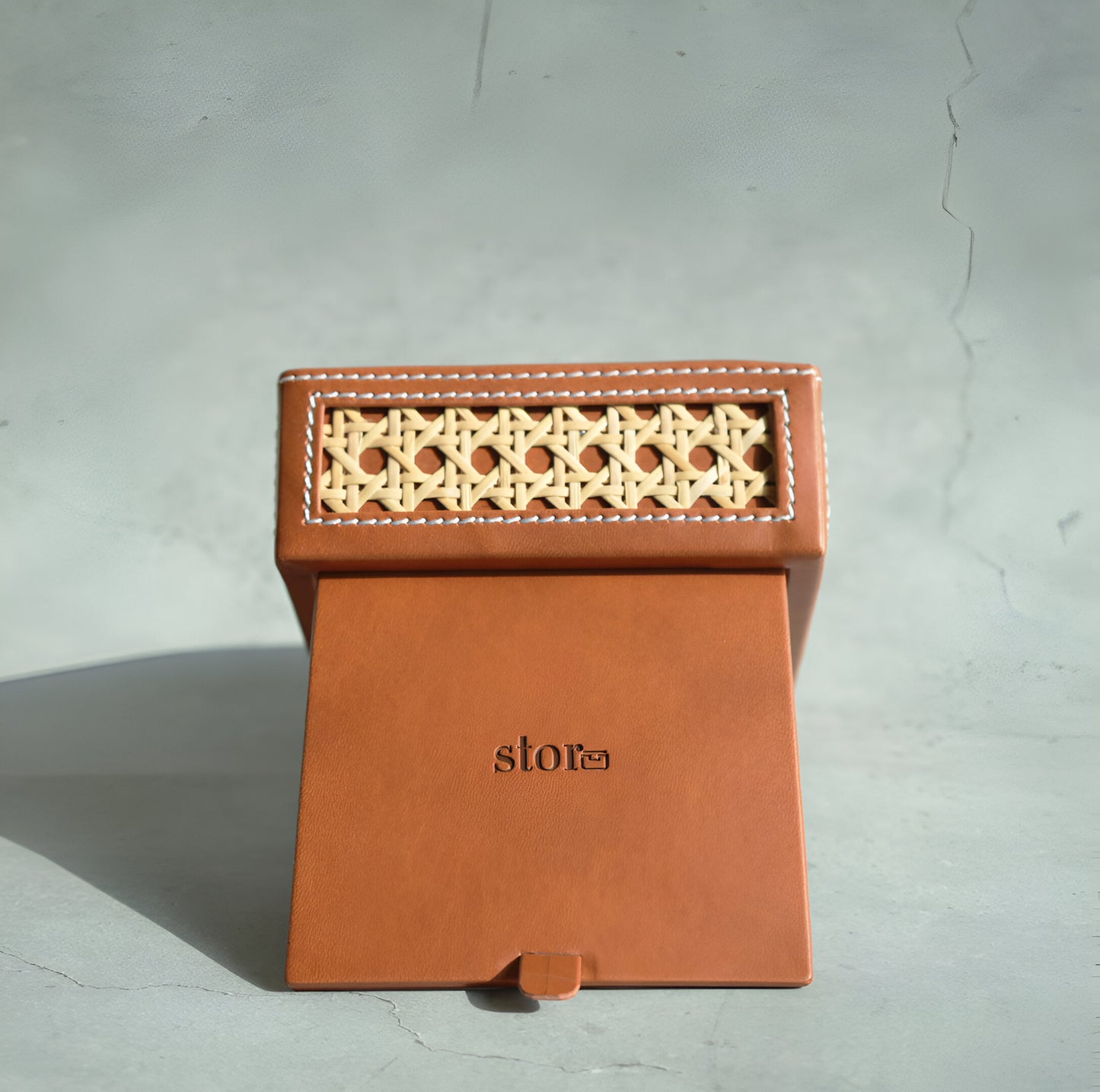 Tan Brown PU Leather & Rattan Tissue Box - Square