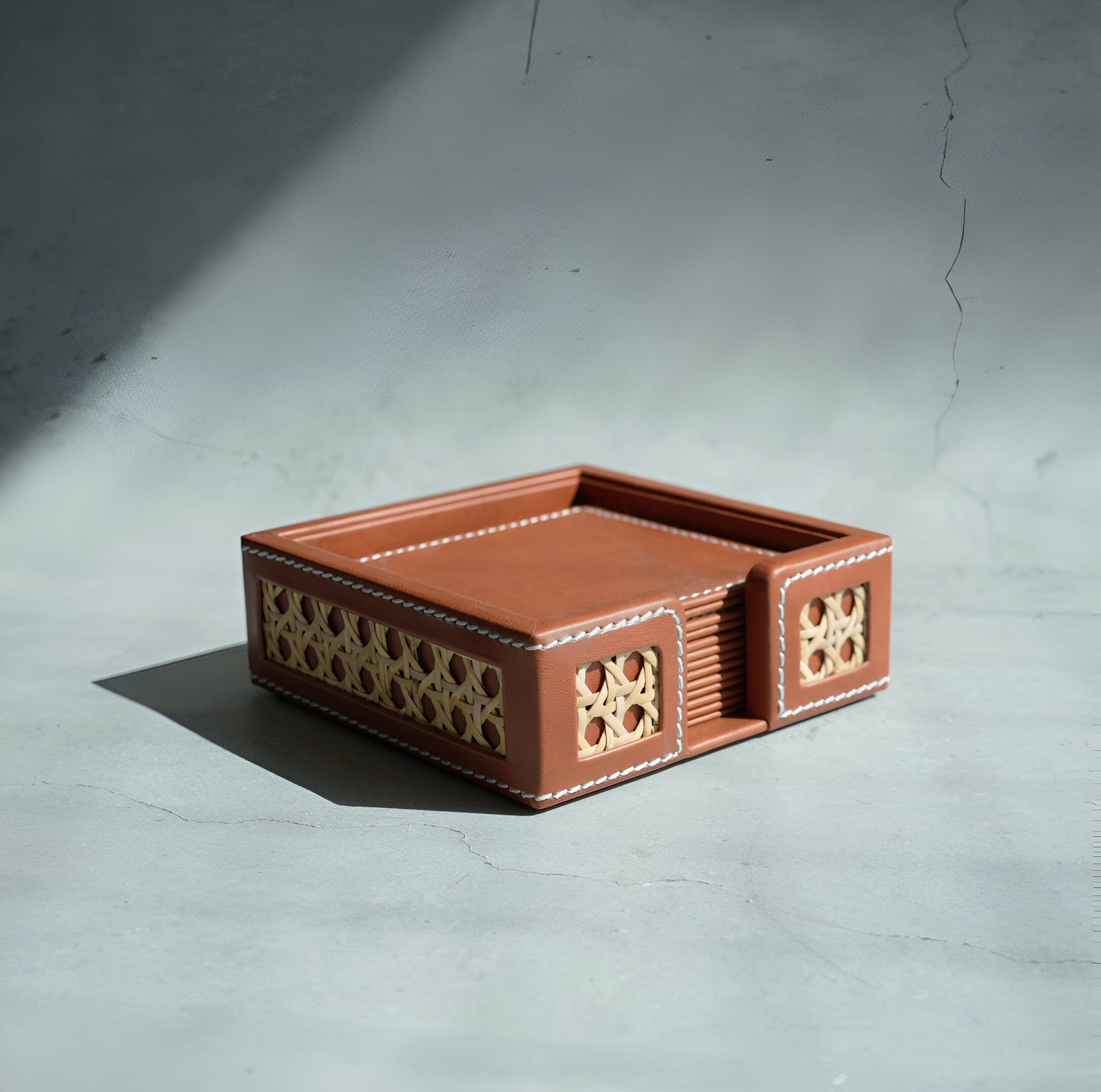 Tan Brown PU Leather & Rattan Coasters - Set of 6