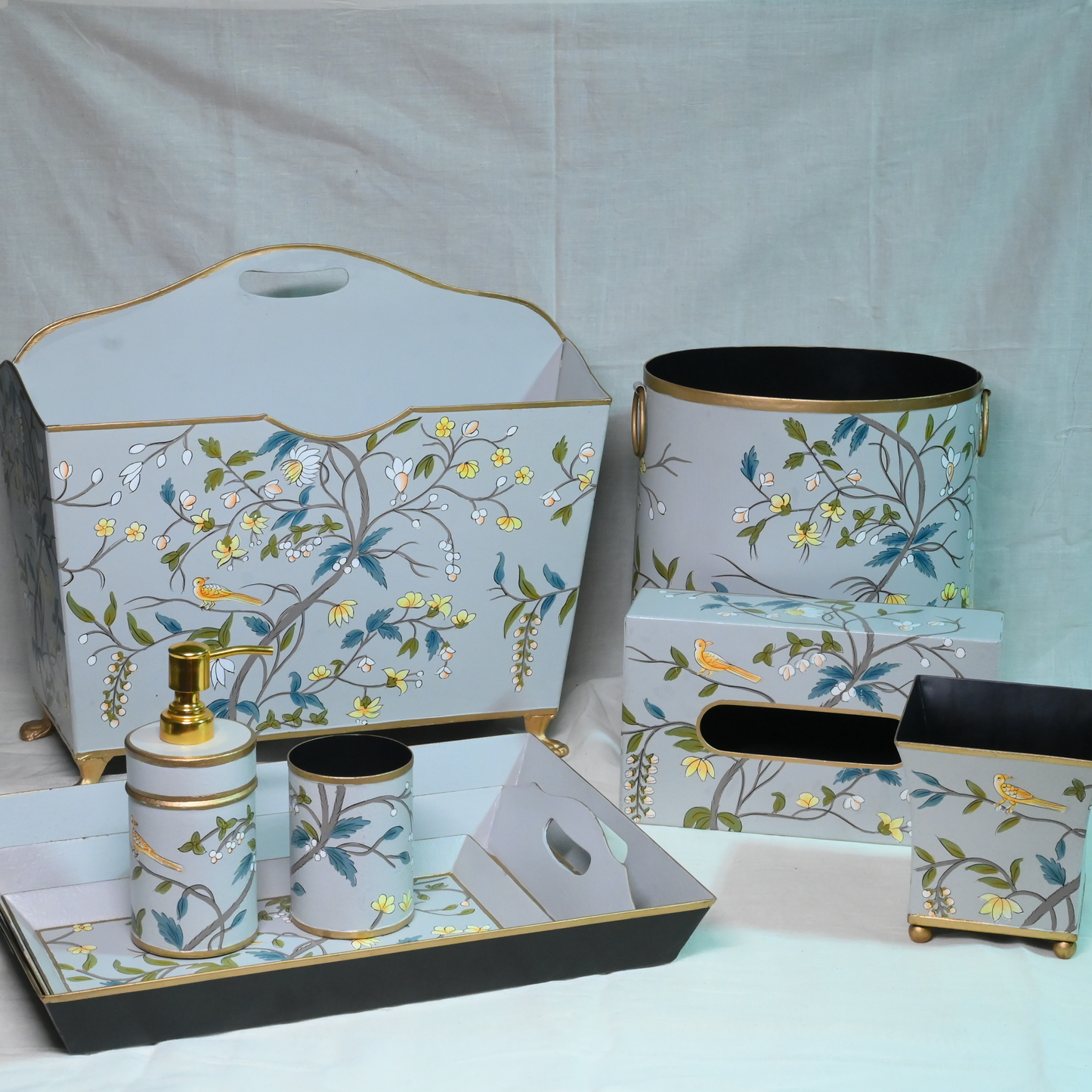 Hand-painted Gray Blossom Serving Tray- Small