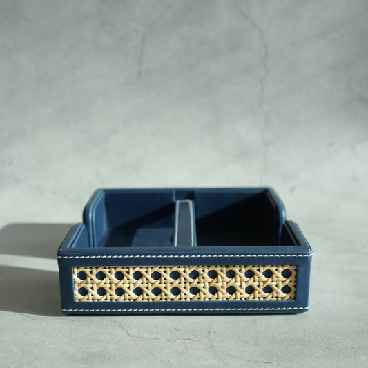 Steel Blue PU Leather & Rattan Tissue Holder with Weighted Bar
