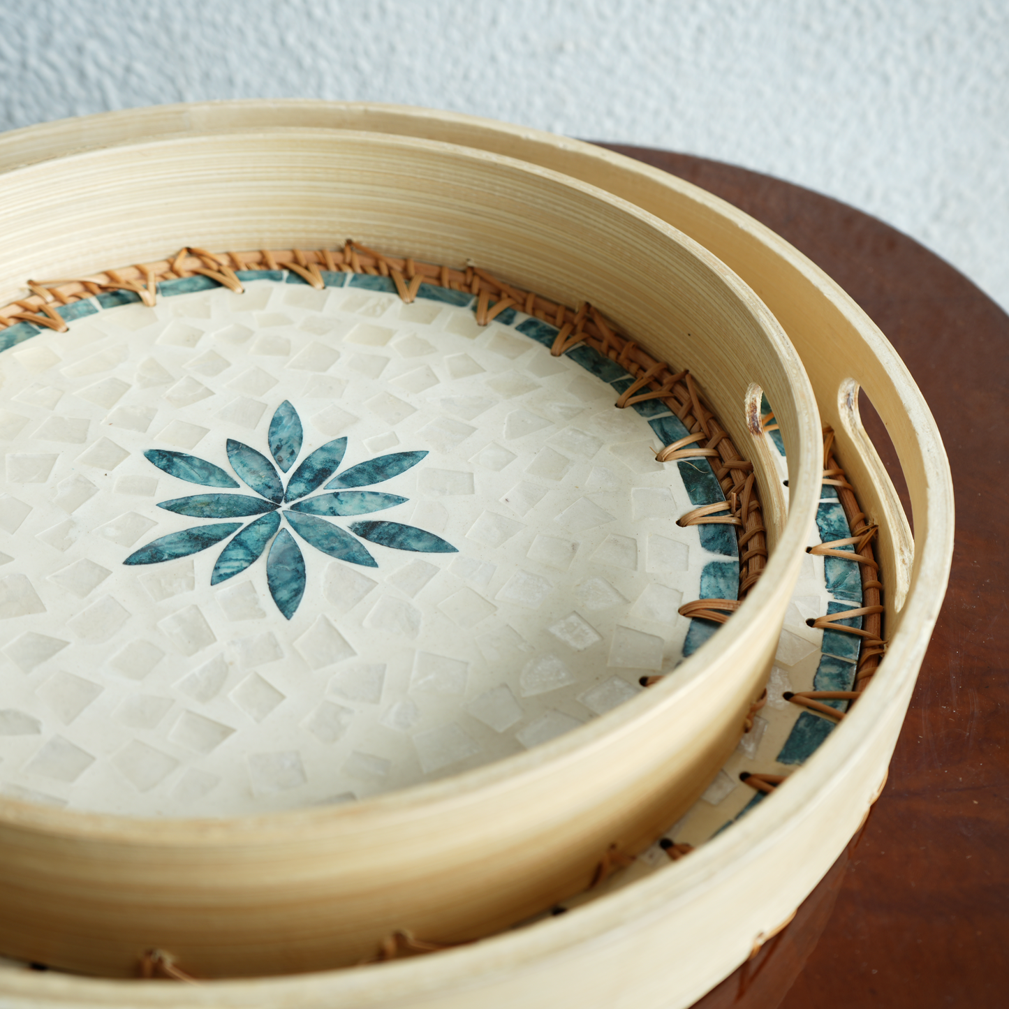 Regular Round Mother-of-Pearl & Cane Serving Tray - Aqua