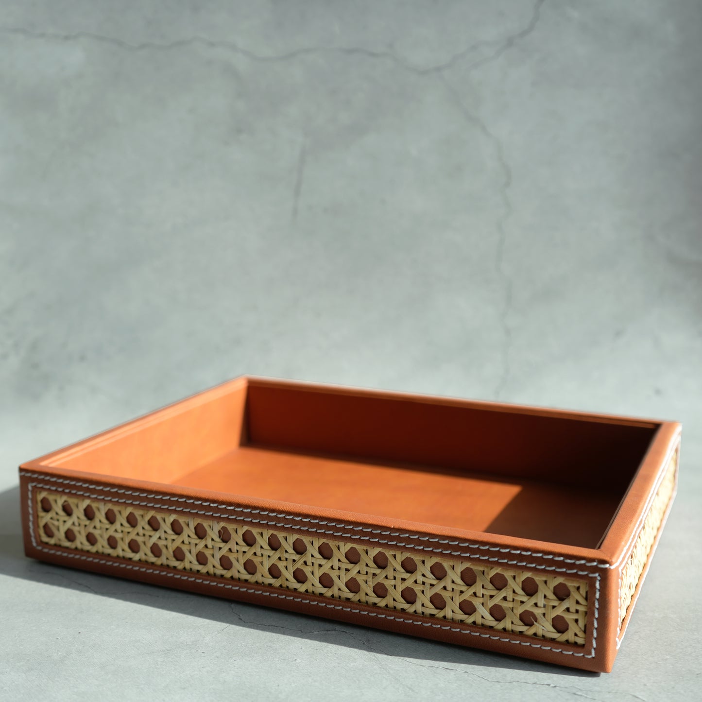Tan Brown PU Leather & Rattan Serving Tray - Medium