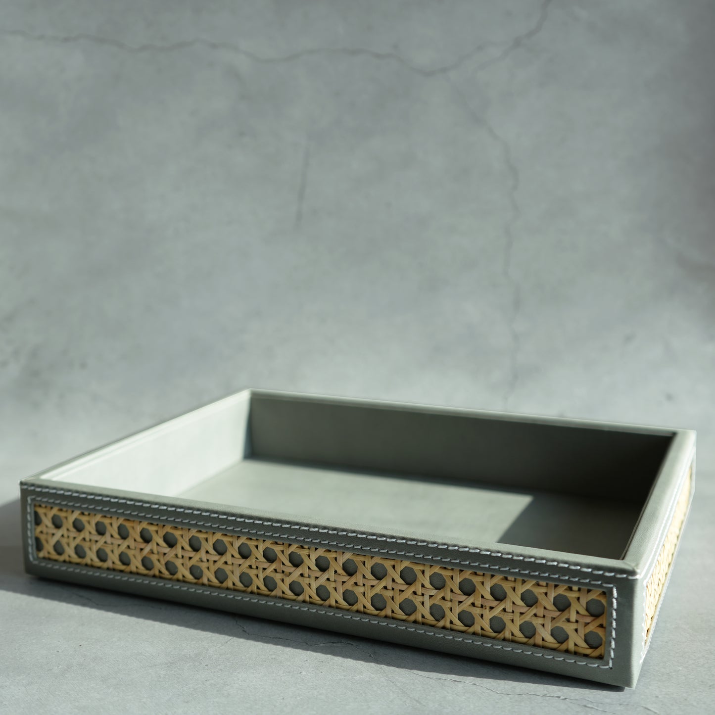 Stone Gray PU Leather & Rattan Serving Tray - Medium
