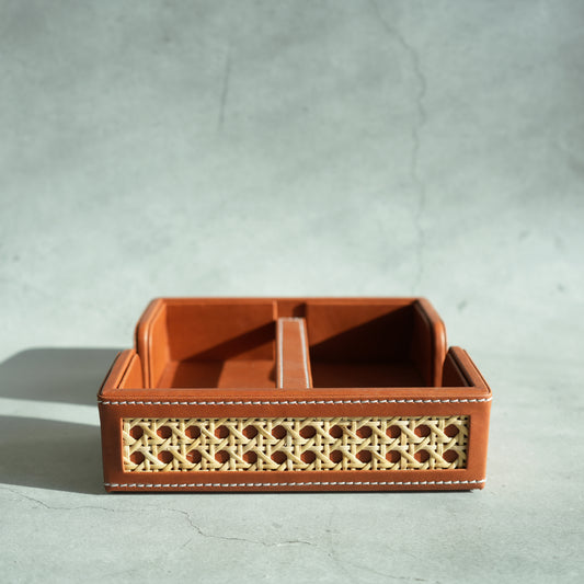 Tan Brown PU Leather & Rattan Tissue Holder with Weighted Bar