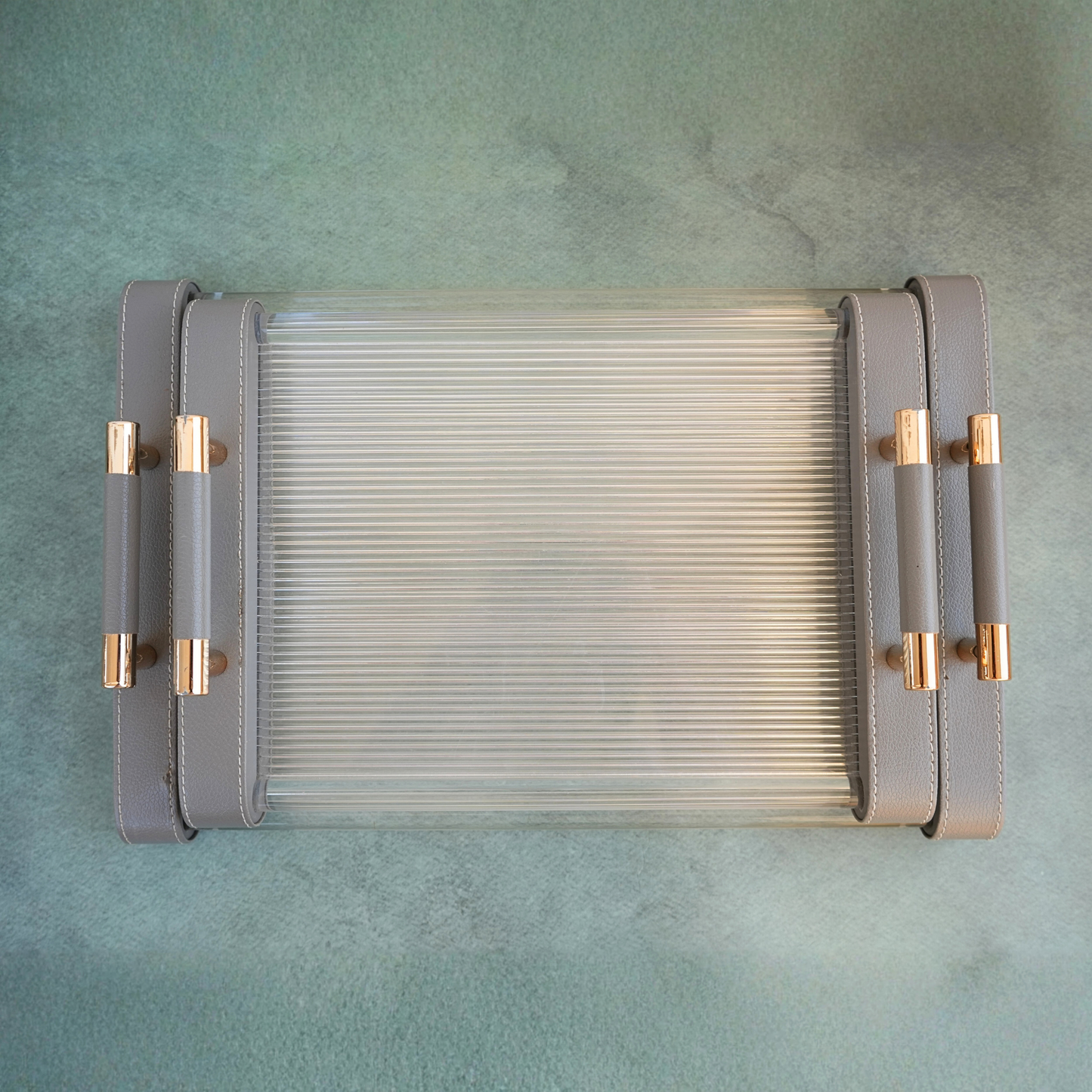 Ribbed Acrylic and Gray PU Leather Serving Tray- Set of 2