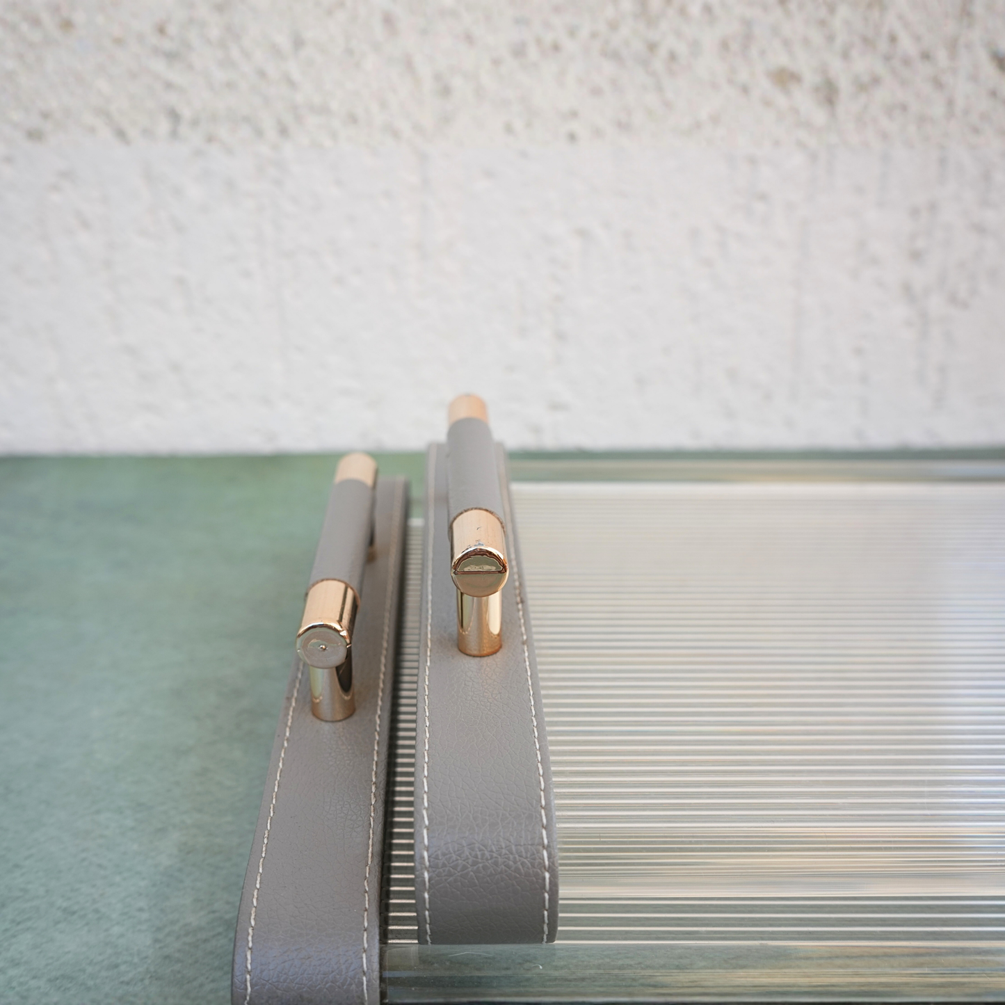 Ribbed Acrylic and Gray PU Leather Serving Tray- Set of 2