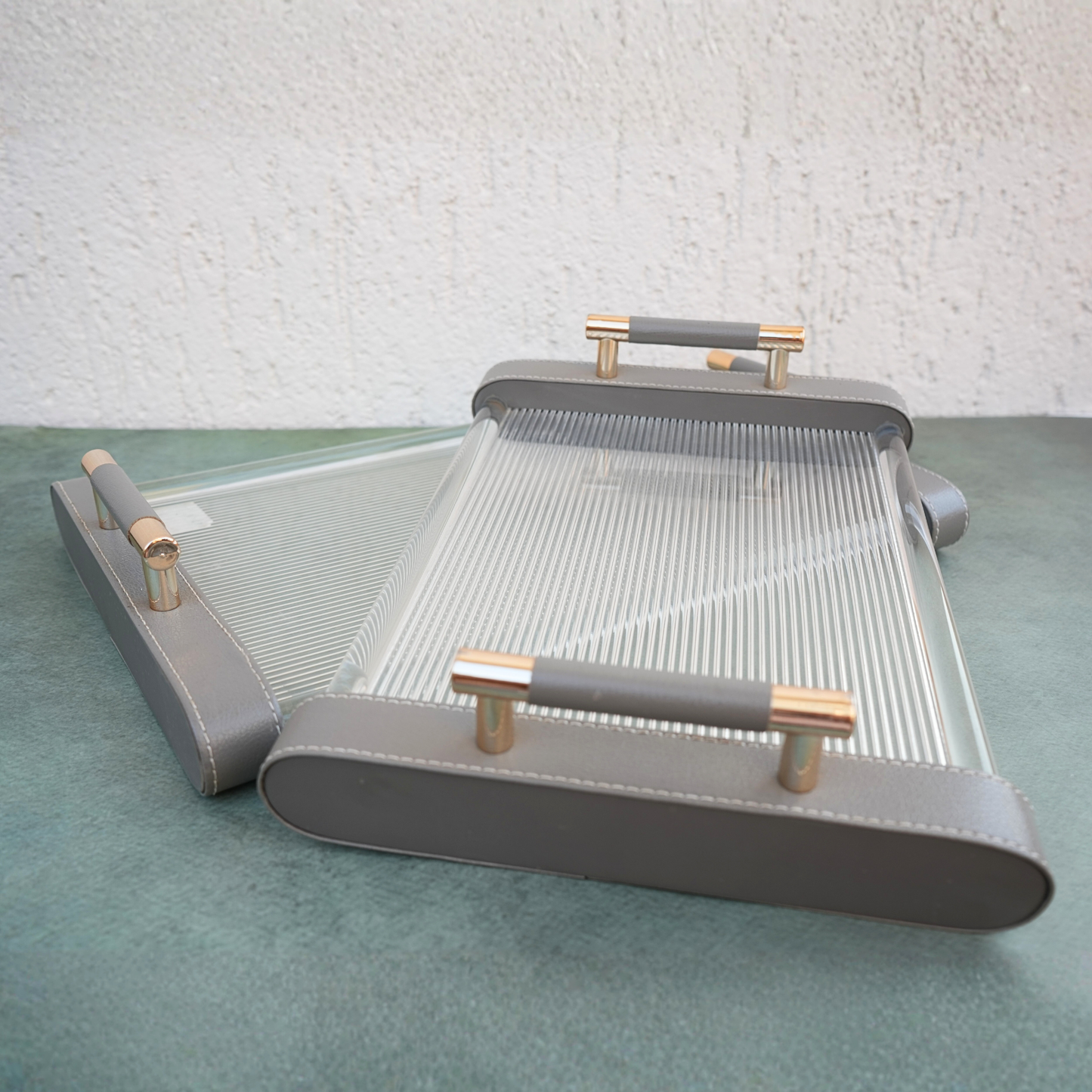 Ribbed Acrylic and Gray PU Leather Serving Tray- Set of 2