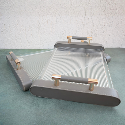 Ribbed Acrylic and Gray PU Leather Serving Tray- Set of 2