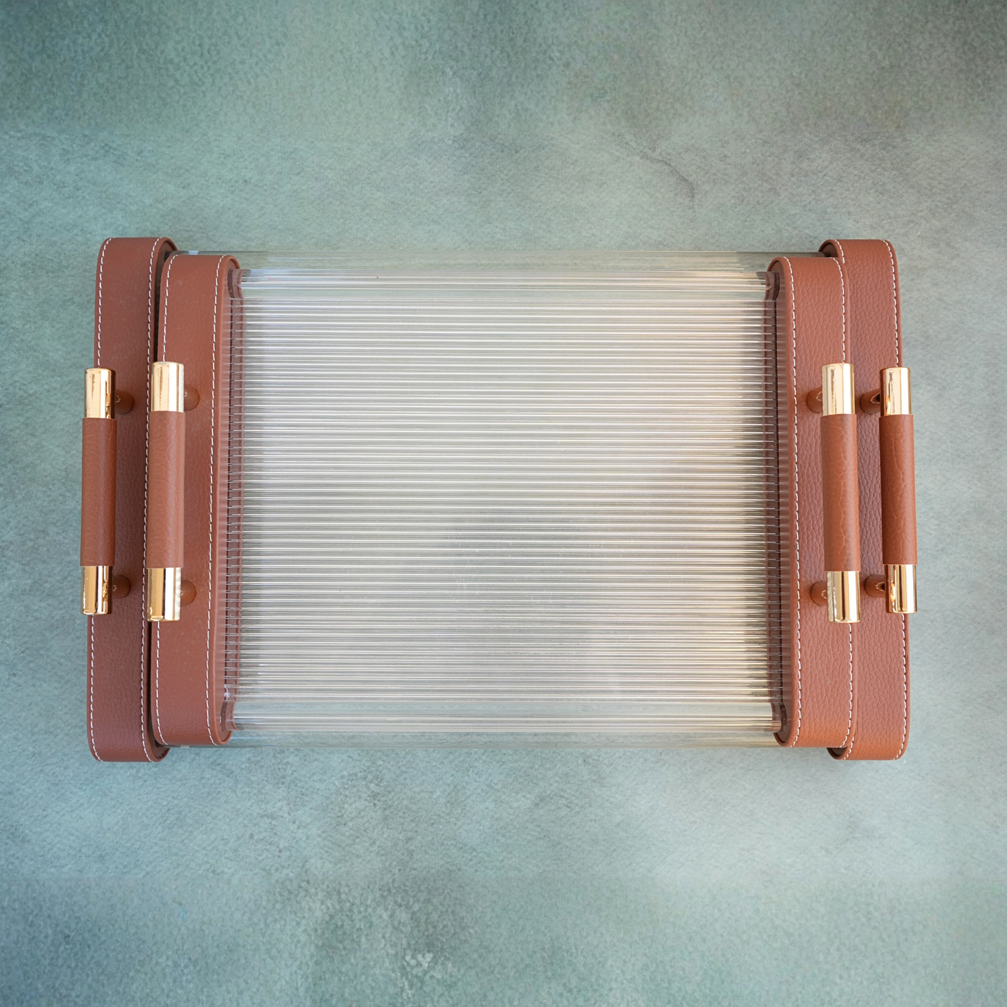 Ribbed Acrylic and Tan PU Leather Serving Tray- Set of 2