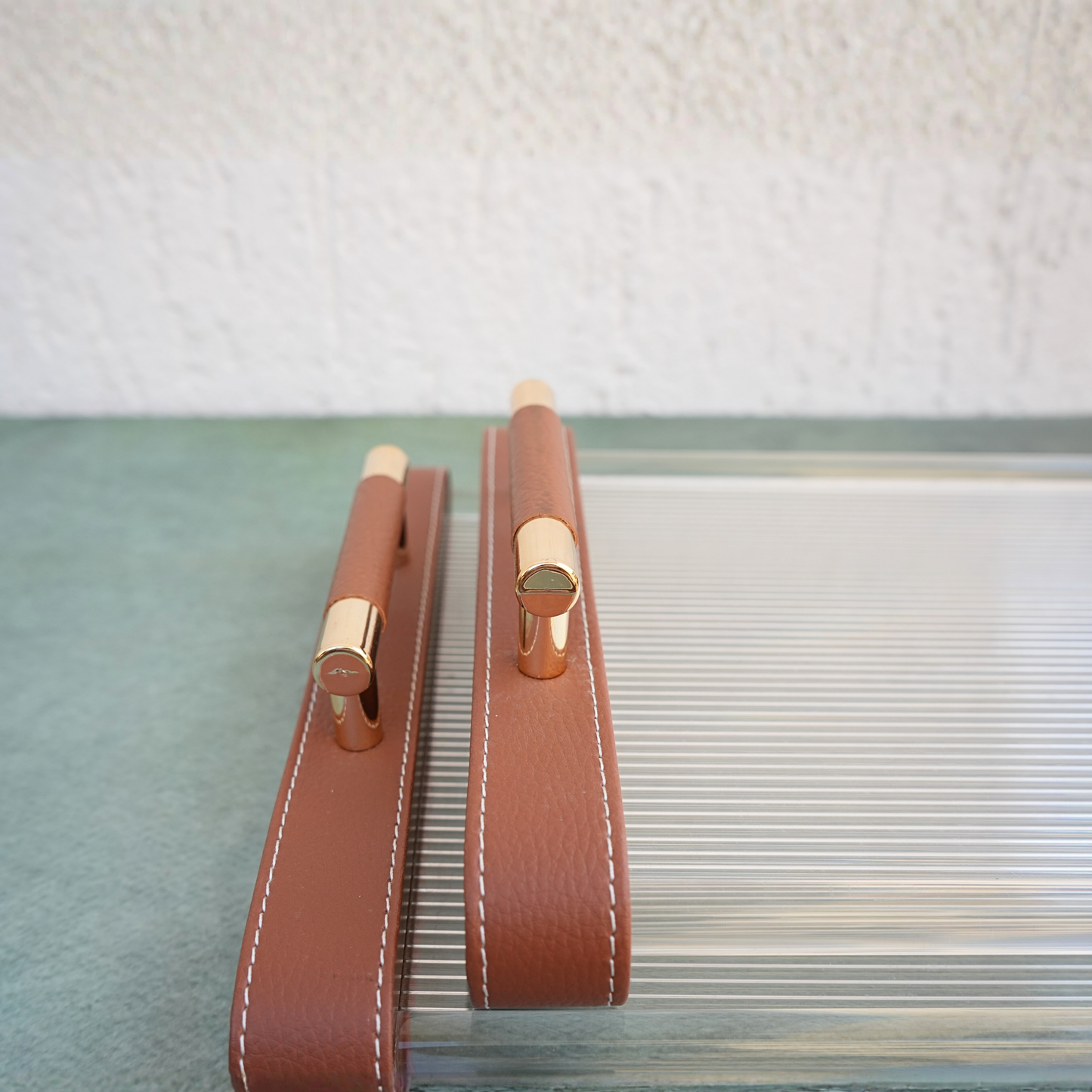 Ribbed Acrylic and Tan PU Leather Serving Tray- Set of 2