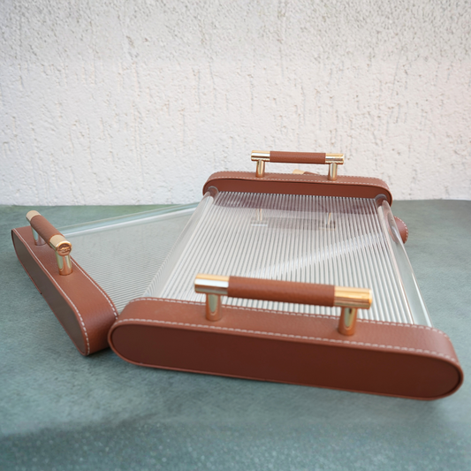 Ribbed Acrylic and Tan PU Leather Serving Tray- Set of 2