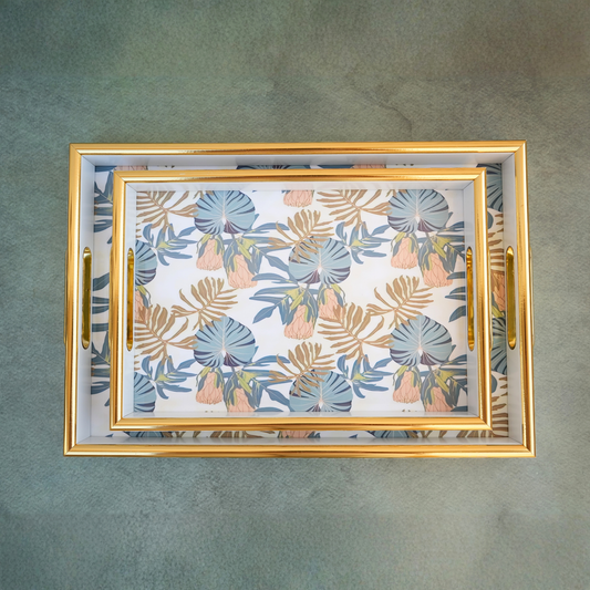 Tropica Floral Enamel-Coated Wooden Serving Tray- Set of 2