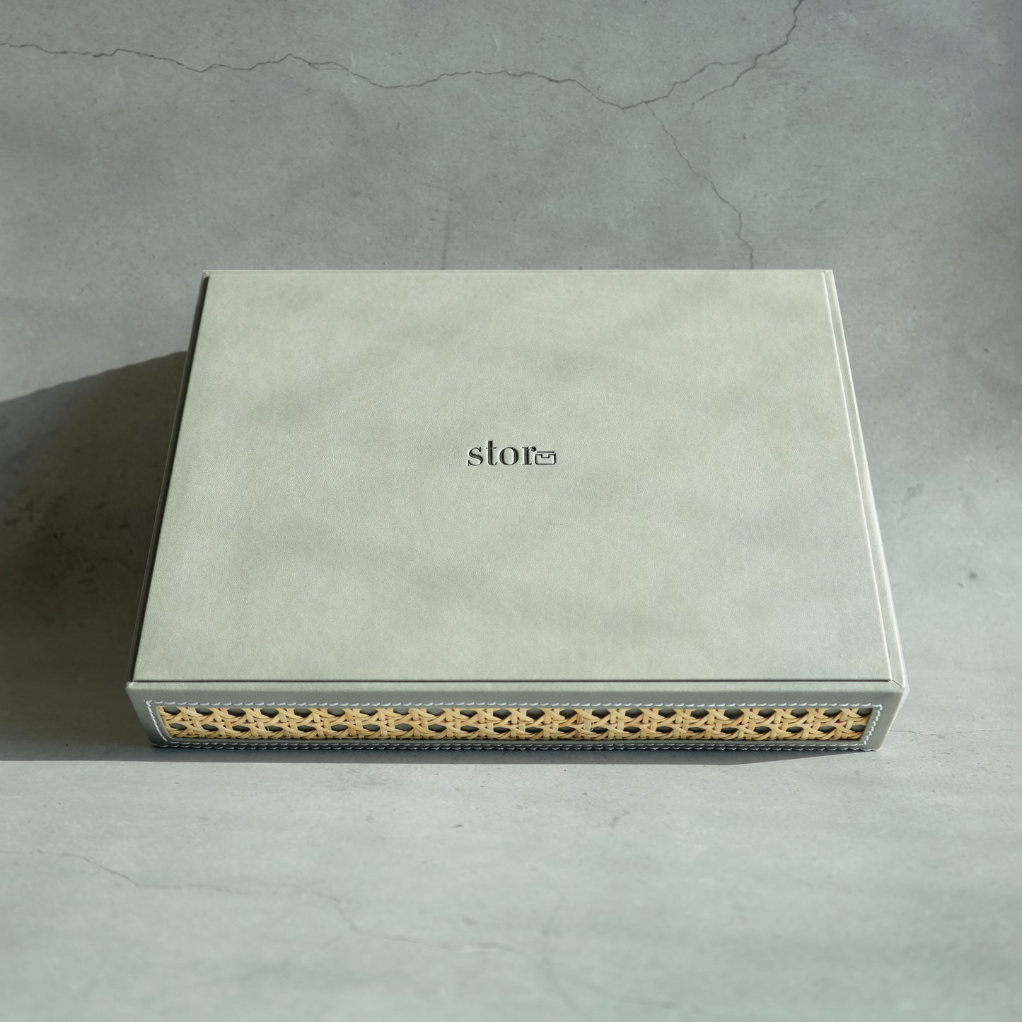 Stone Gray PU Leather & Rattan Serving Tray - Medium
