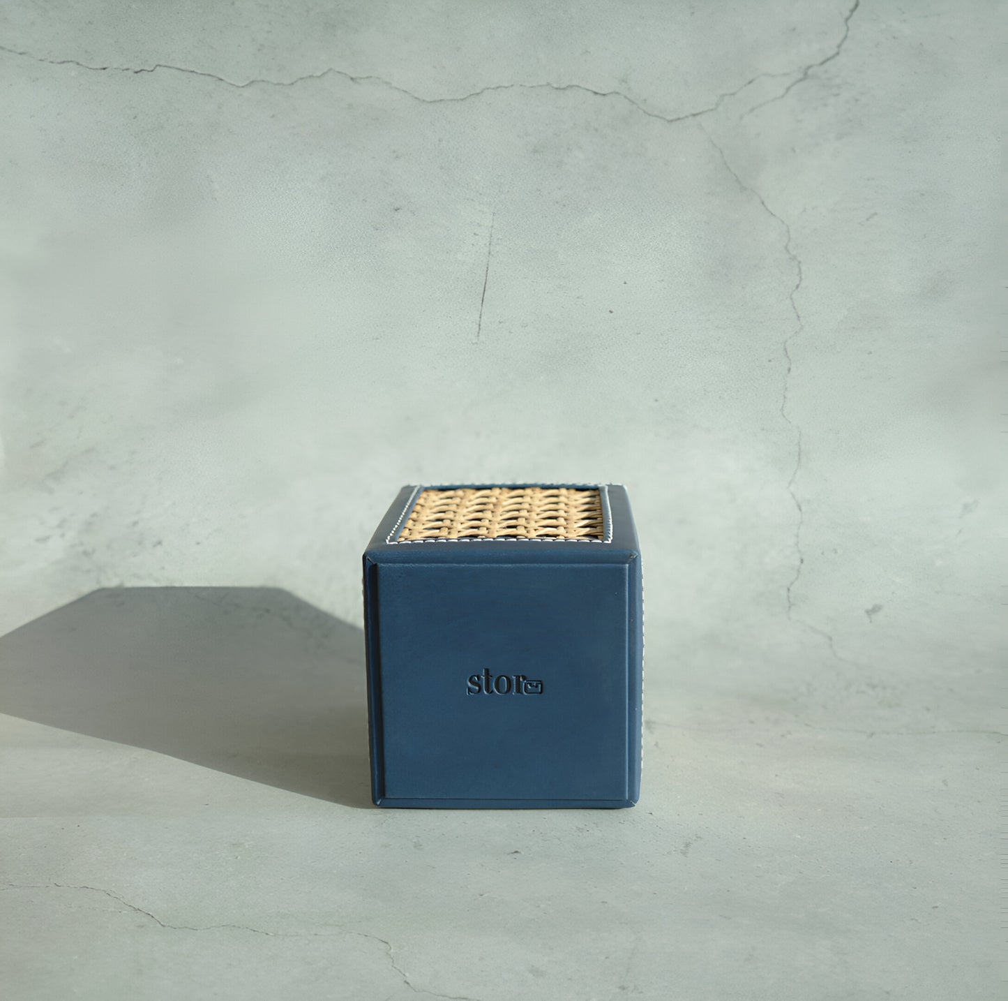 Steel Blue PU Leather & Rattan Stationery Holder