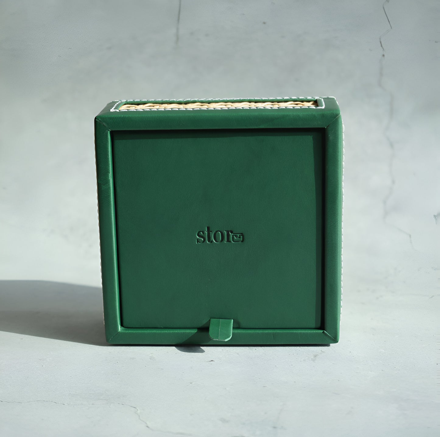 Emerald Green PU Leather & Rattan Tissue Box - Square