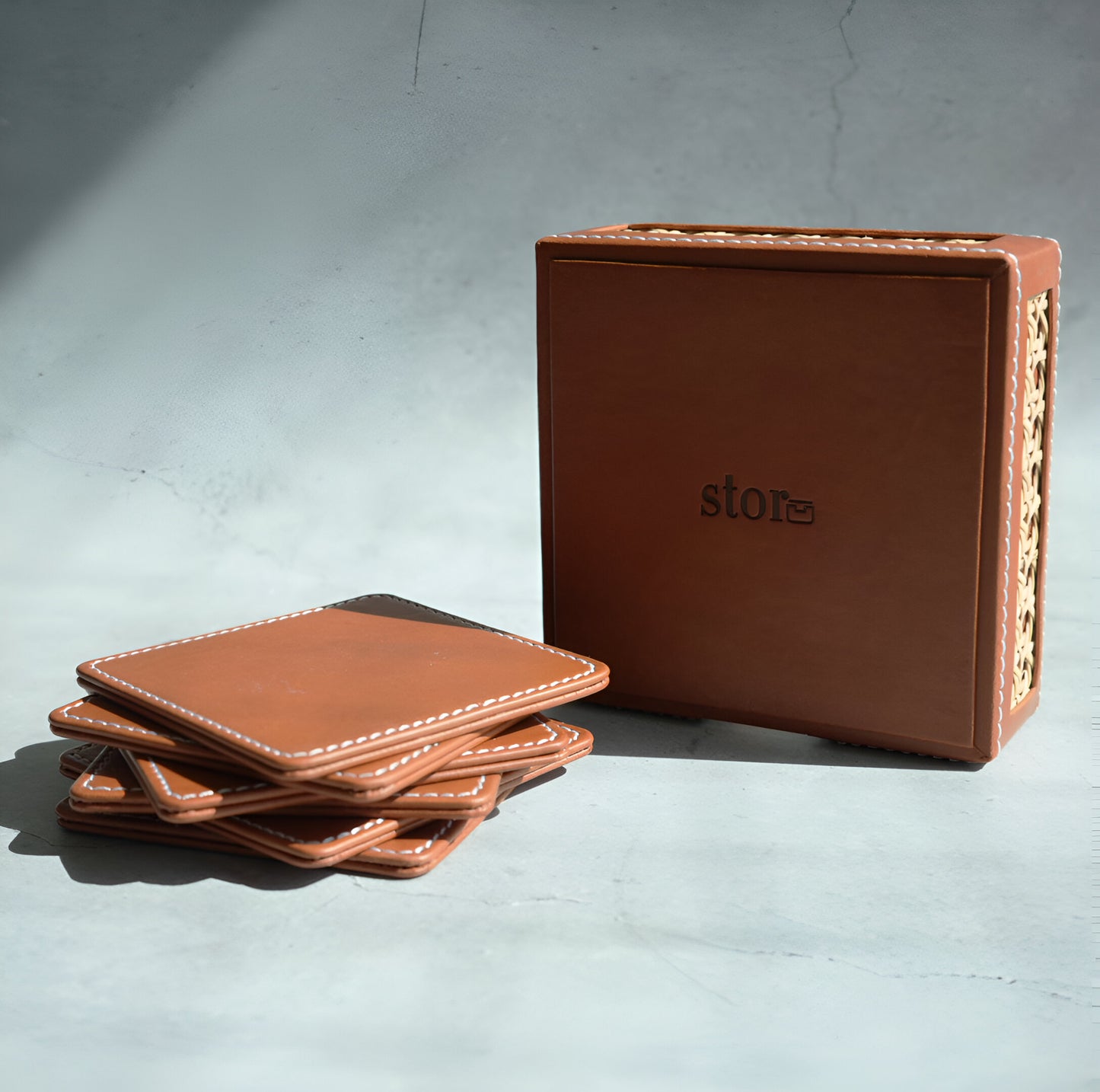 Tan Brown PU Leather & Rattan Coasters - Set of 6